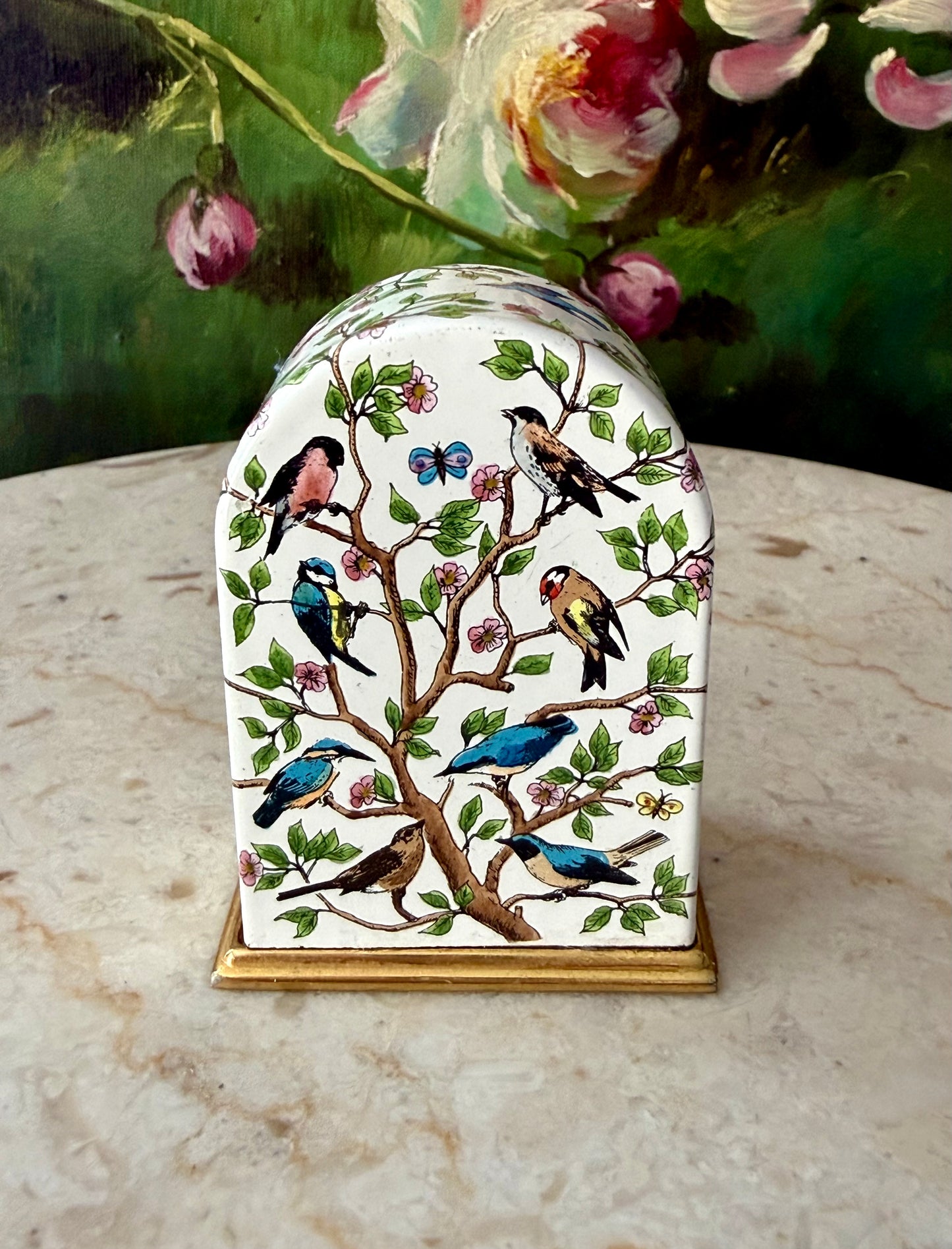 Halcyon Days Vintage Enamel Table Clock with Hand-painted Birds and Flowers Design