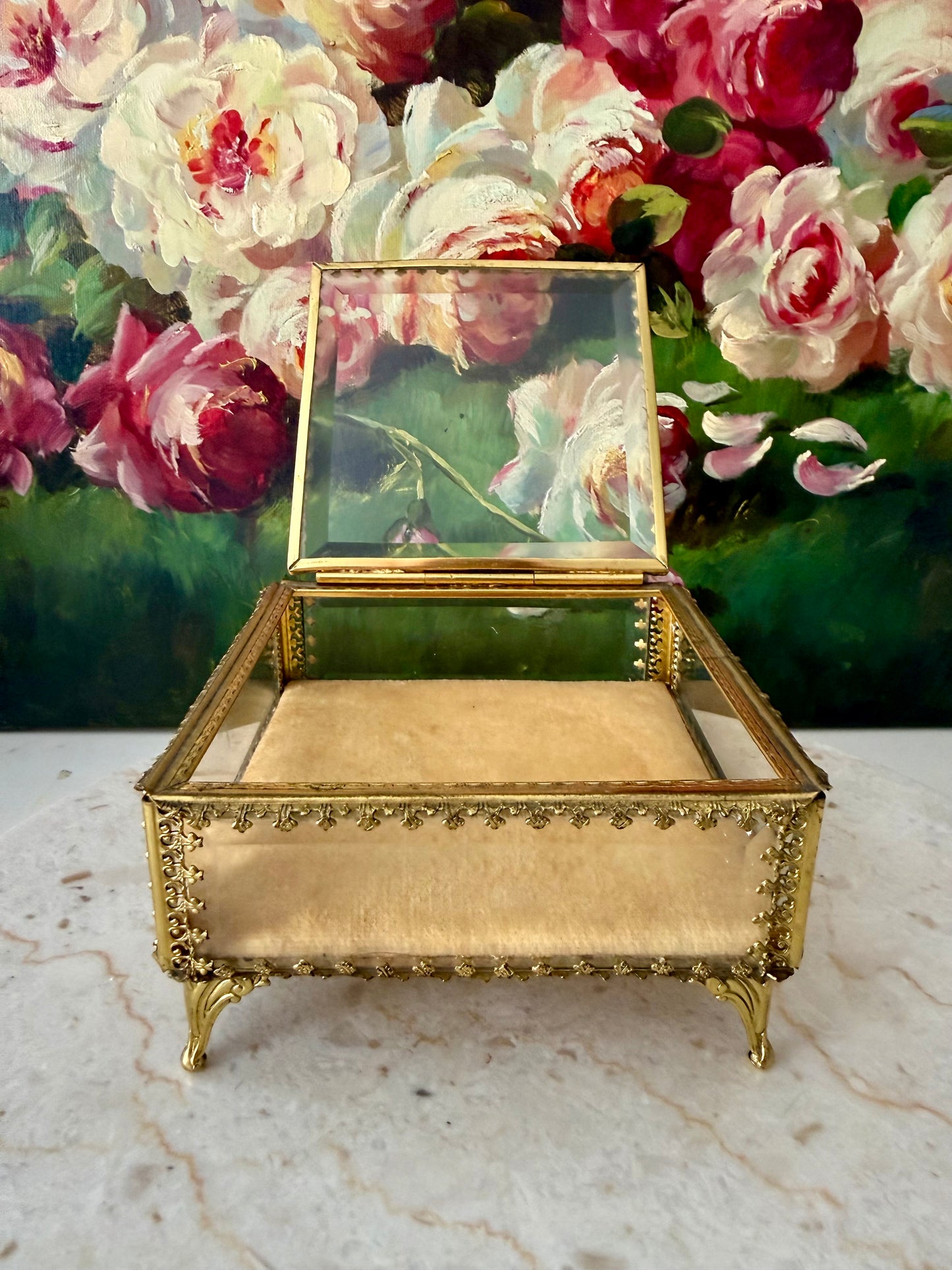 French Style Beveled Glass Vintage Brass Footed Jewelry Casket or Trinket Box from the 1950s