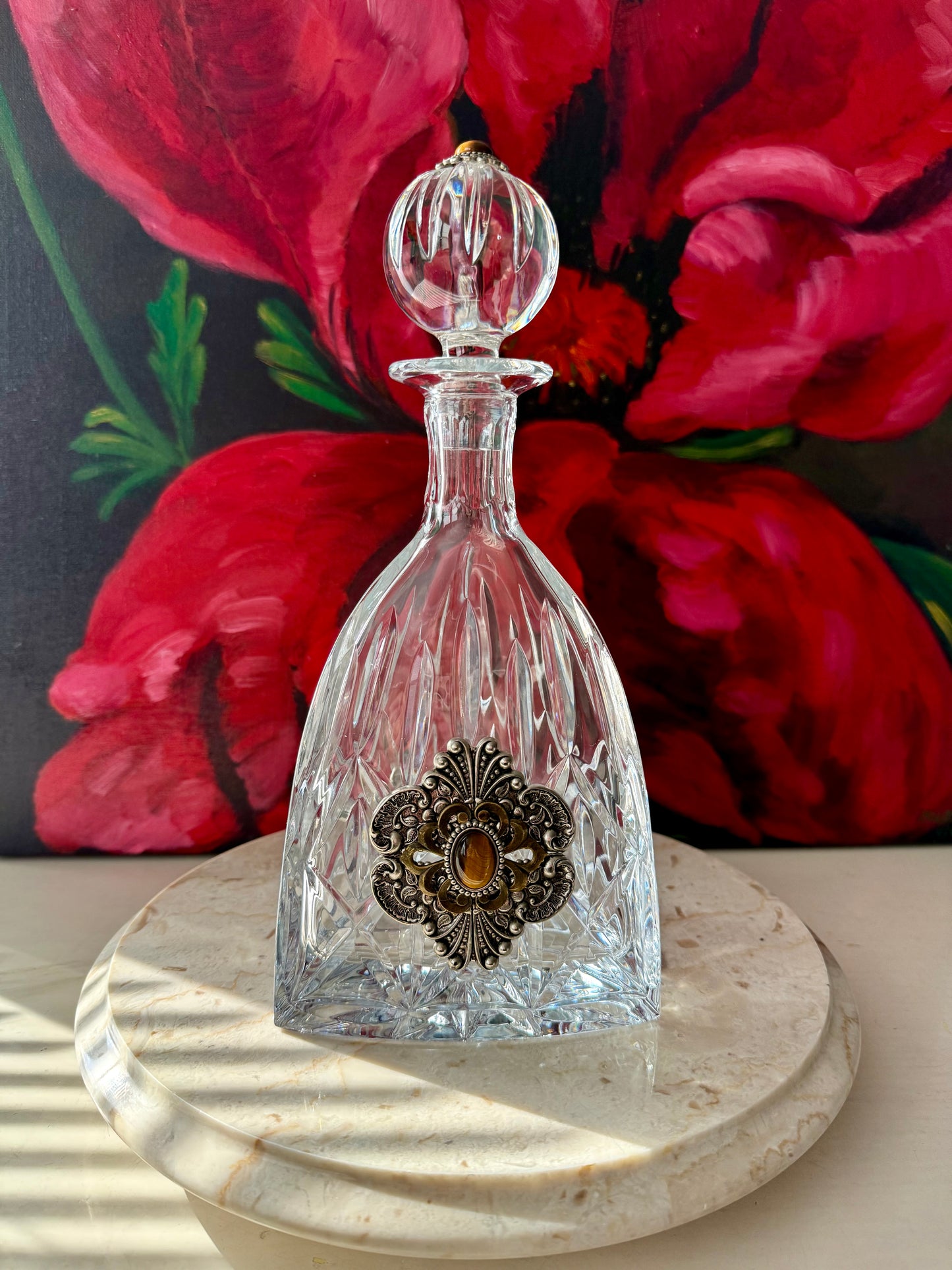 Ann Cichon Dallas Vintage Crystal Decanter with Stopper and Silver Tone Metal Jewels and Stones
