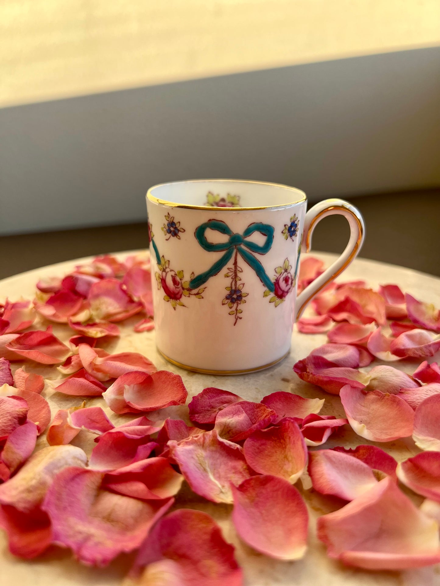 Crown Staffordshire Bright Blue Enameled Ribbon and Looped Bows Pattern Coffee Cup and Saucer from 1940-50's