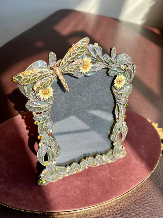 Dragonfly Enamel and Metal Picture Frame with Tiny possible Swarovski Rhinestones, Flowers & Green Leaves