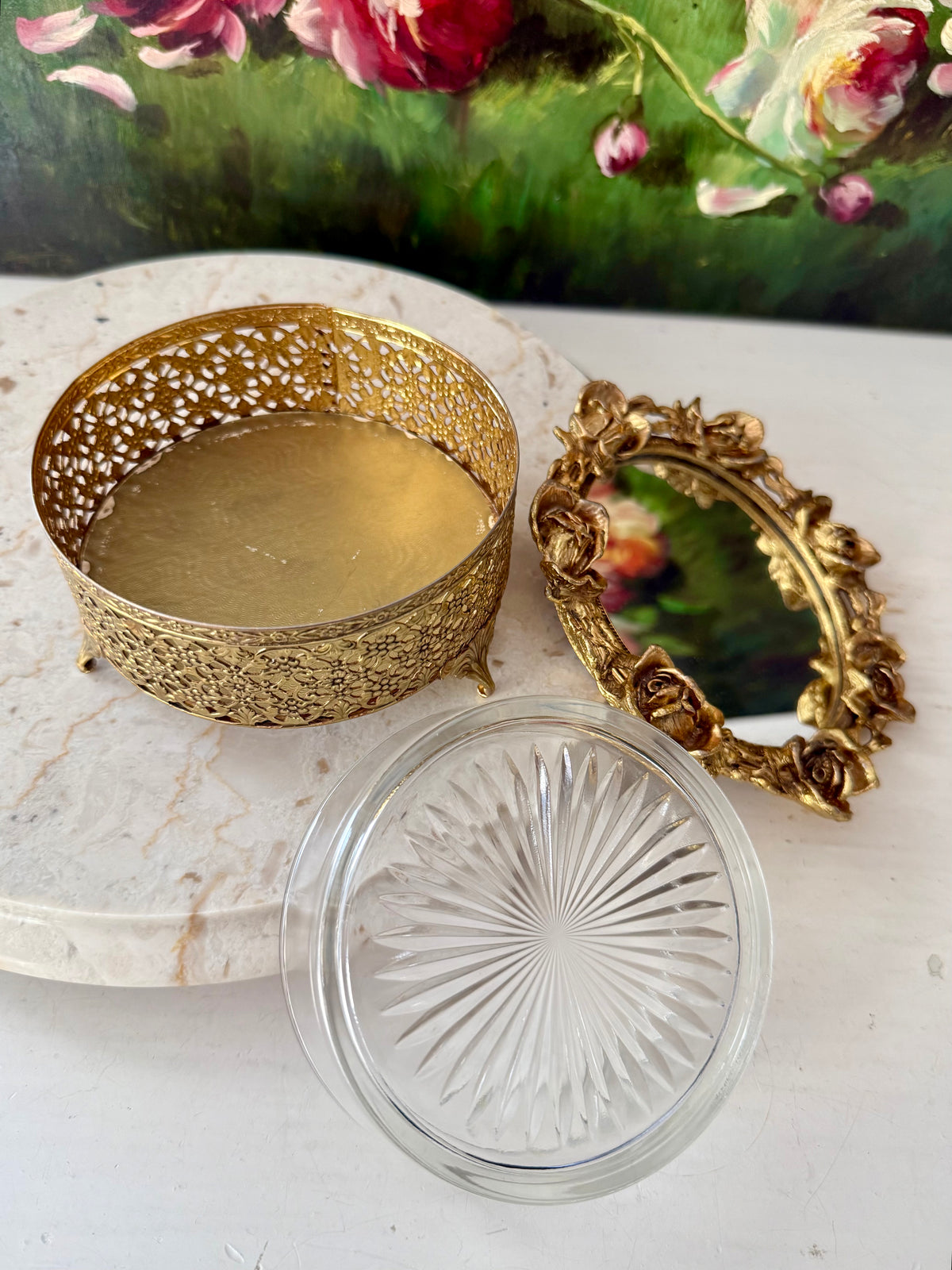 1960s Hollywood Regency Vintage 24K Gold-plated Ormolu Filigree with Mirrored Glass and Rose Motifs Trinket Box or Powder Jar