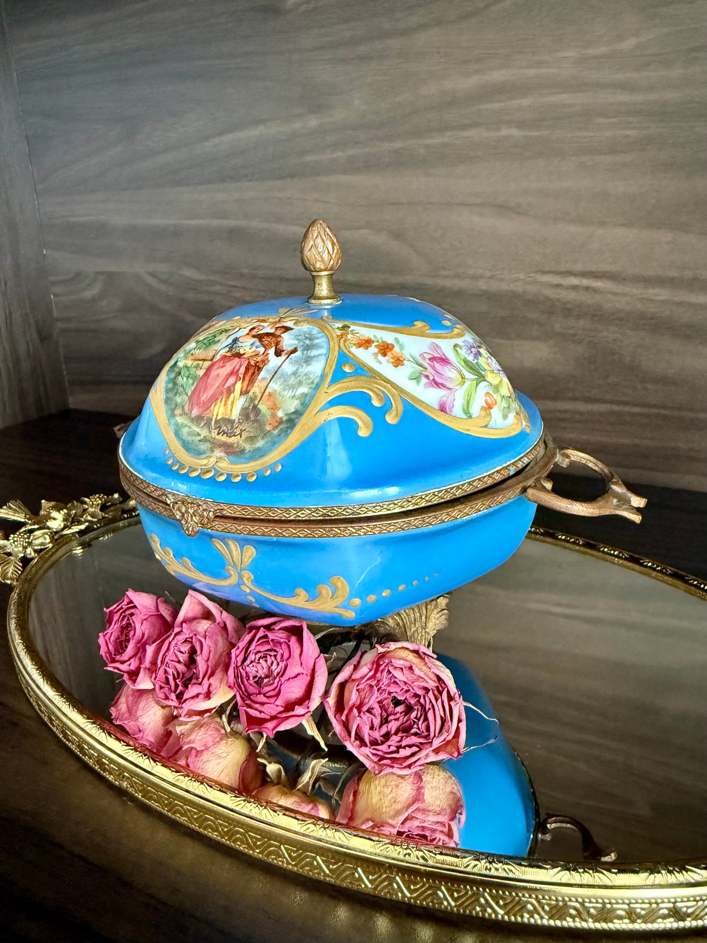 Antique Capodimonte Footed Hand Painted Blue Porcelain Dresser Box, Made In France