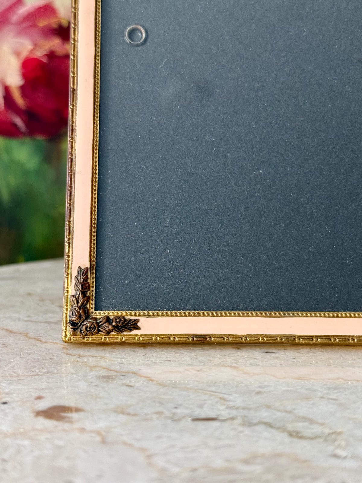 Elegant Gold-tone Classic Leaf and Floral Motif and Pastel Pink Enamel Style Vintage Photo or Picture Frame