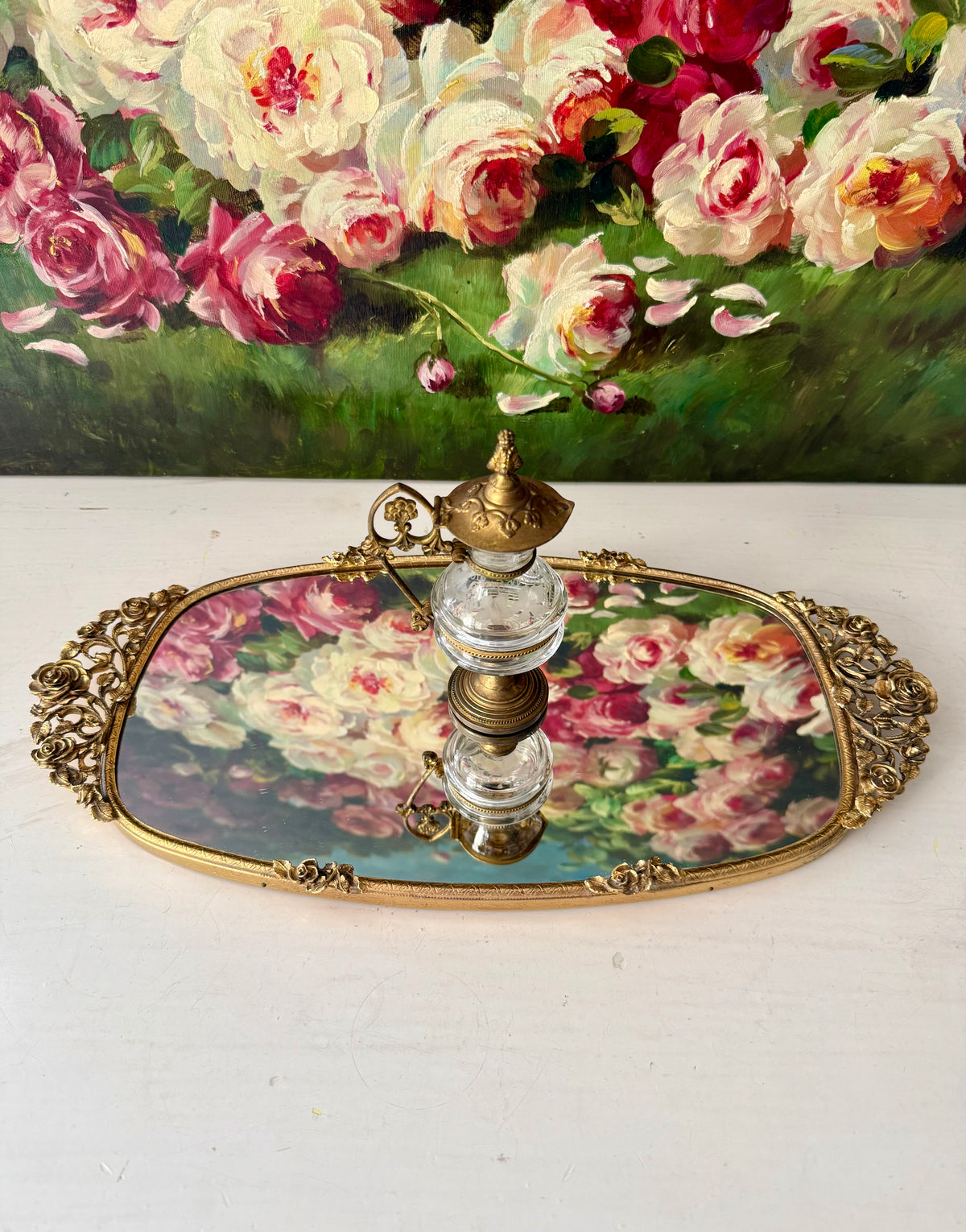 Matson Hollywood Regency Vintage Ornate 24K Gold Gilt Vanity Perfume Mirror Tray with Roses Motifs