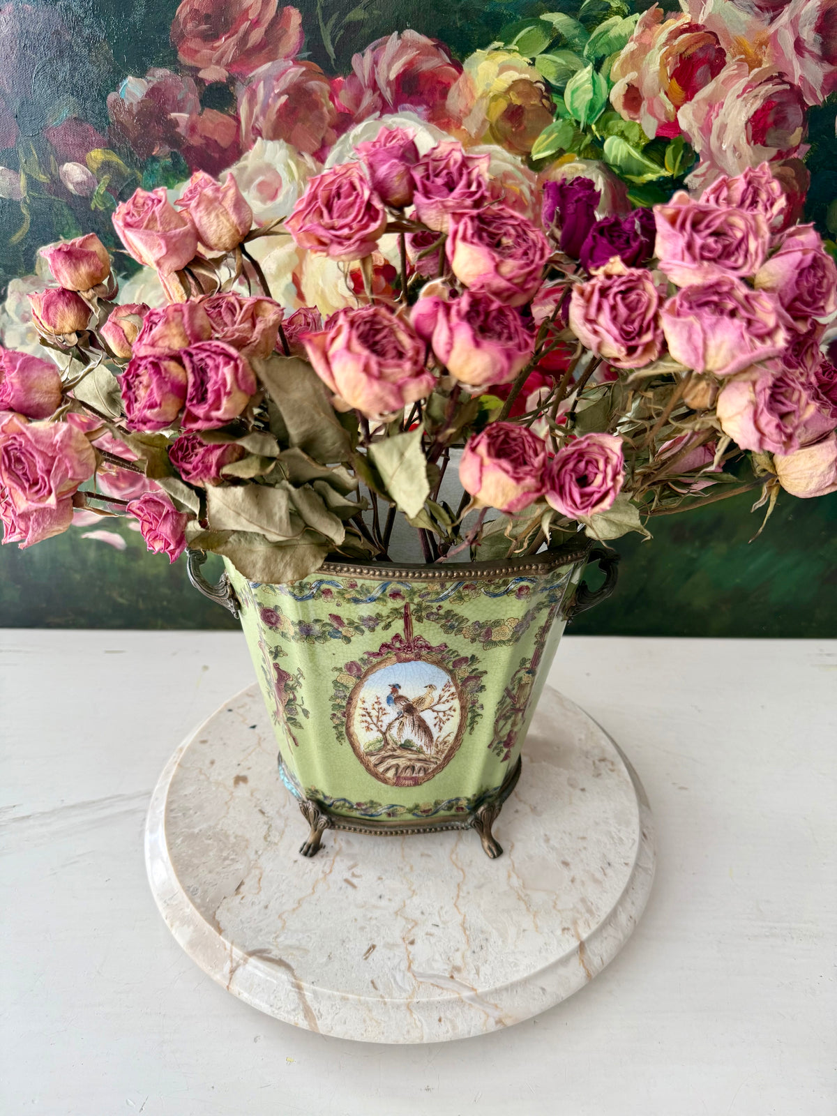 Antique Green Pheasant Bird and Floral Garland Porcelain Brass Footed Cache Pot or Jardiniere
