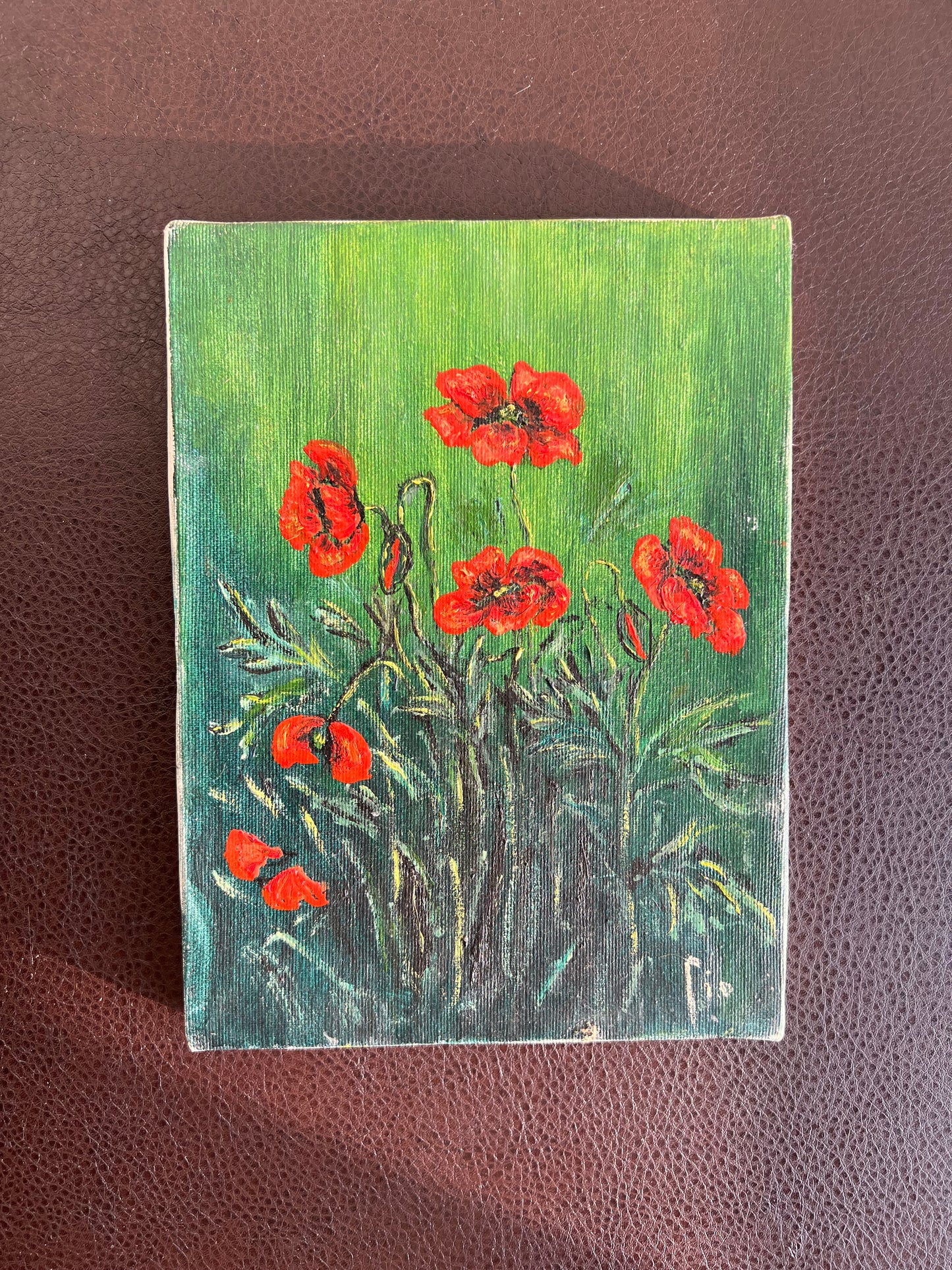 Colorful Field of Poppies Vintage Original Oil Painting on Canvas without Frame, Signed by Artist