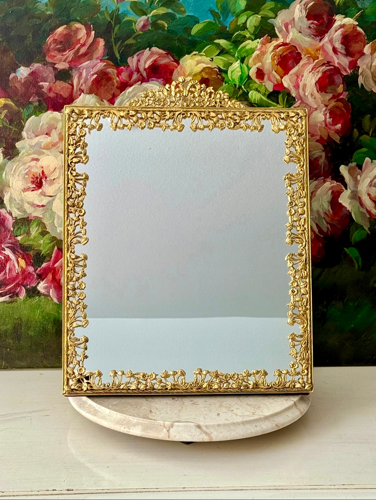 Antique/ Vintage French Victorian Style Gold-gilded Brass Framed Wall or Table Mirror with Flowers Decoration on the Frame