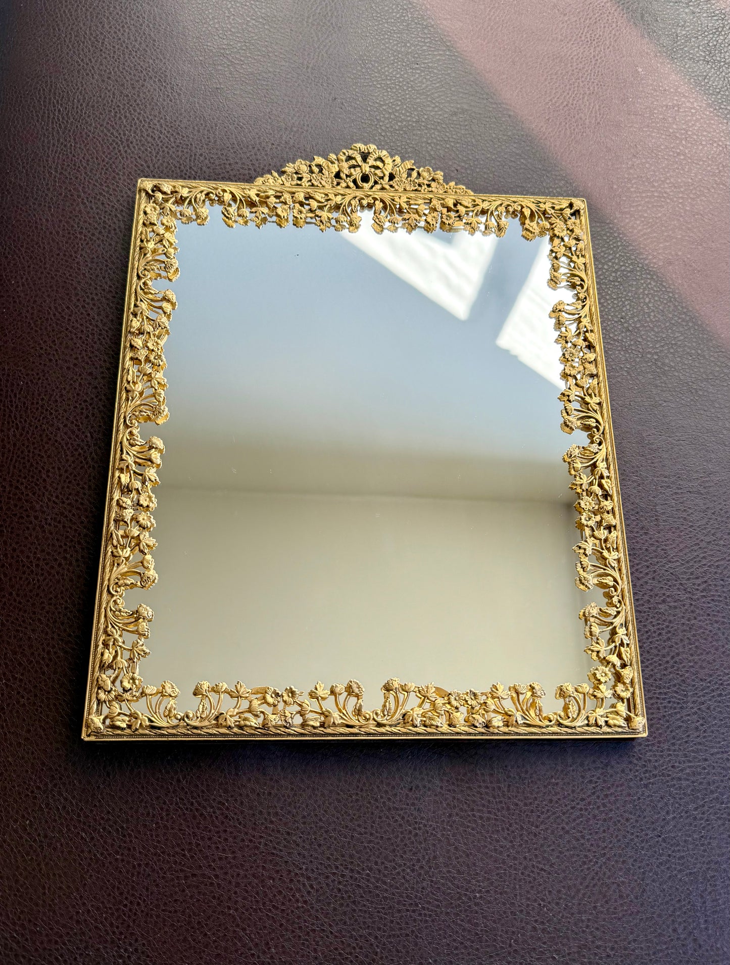 Antique/ Vintage French Victorian Style Gold-gilded Brass Framed Wall or Table Mirror with Flowers Decoration on the Frame