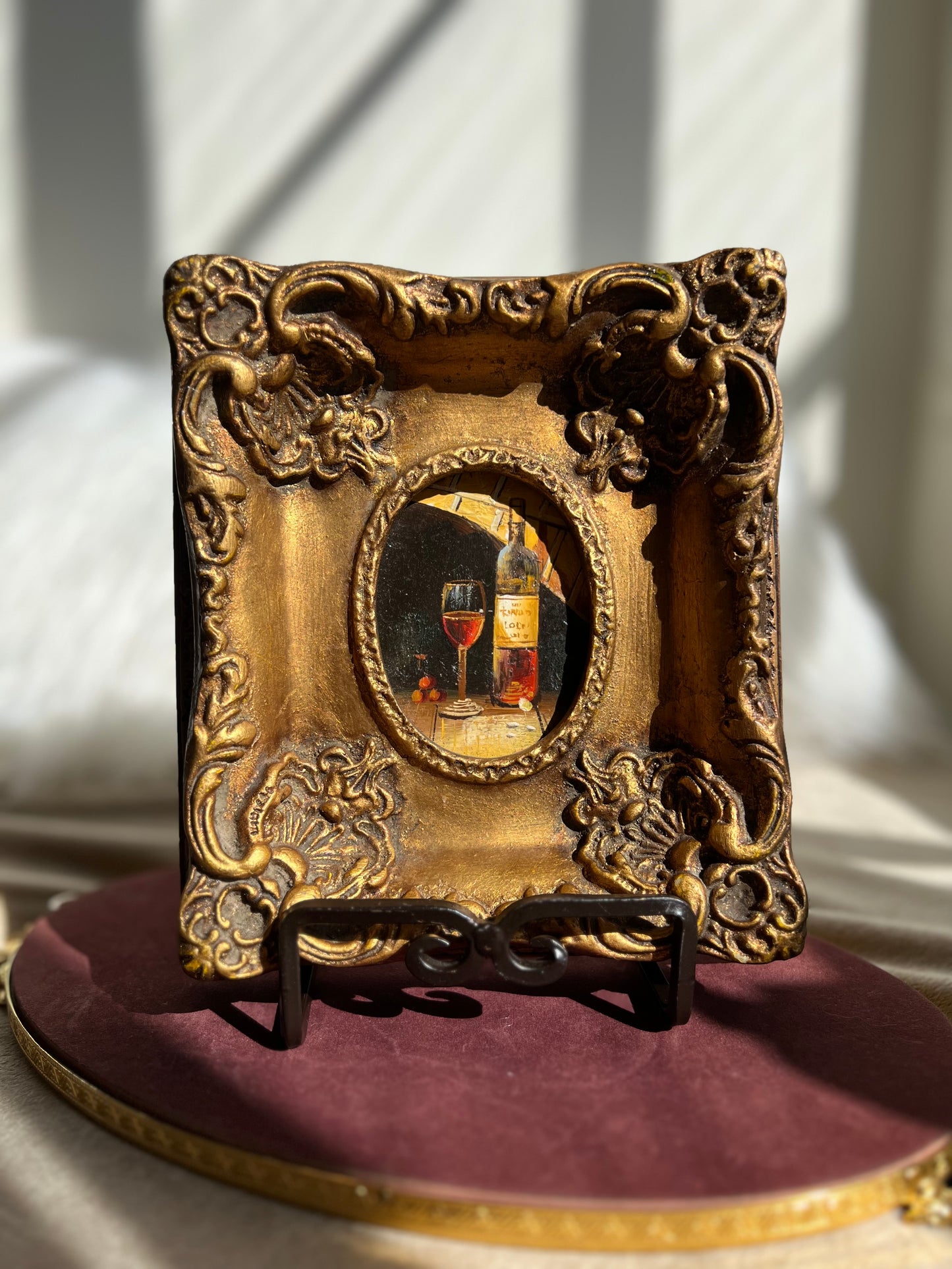 Glass and a Bottle of Wine Vintage Mini Oil Painting with Gilded Frame