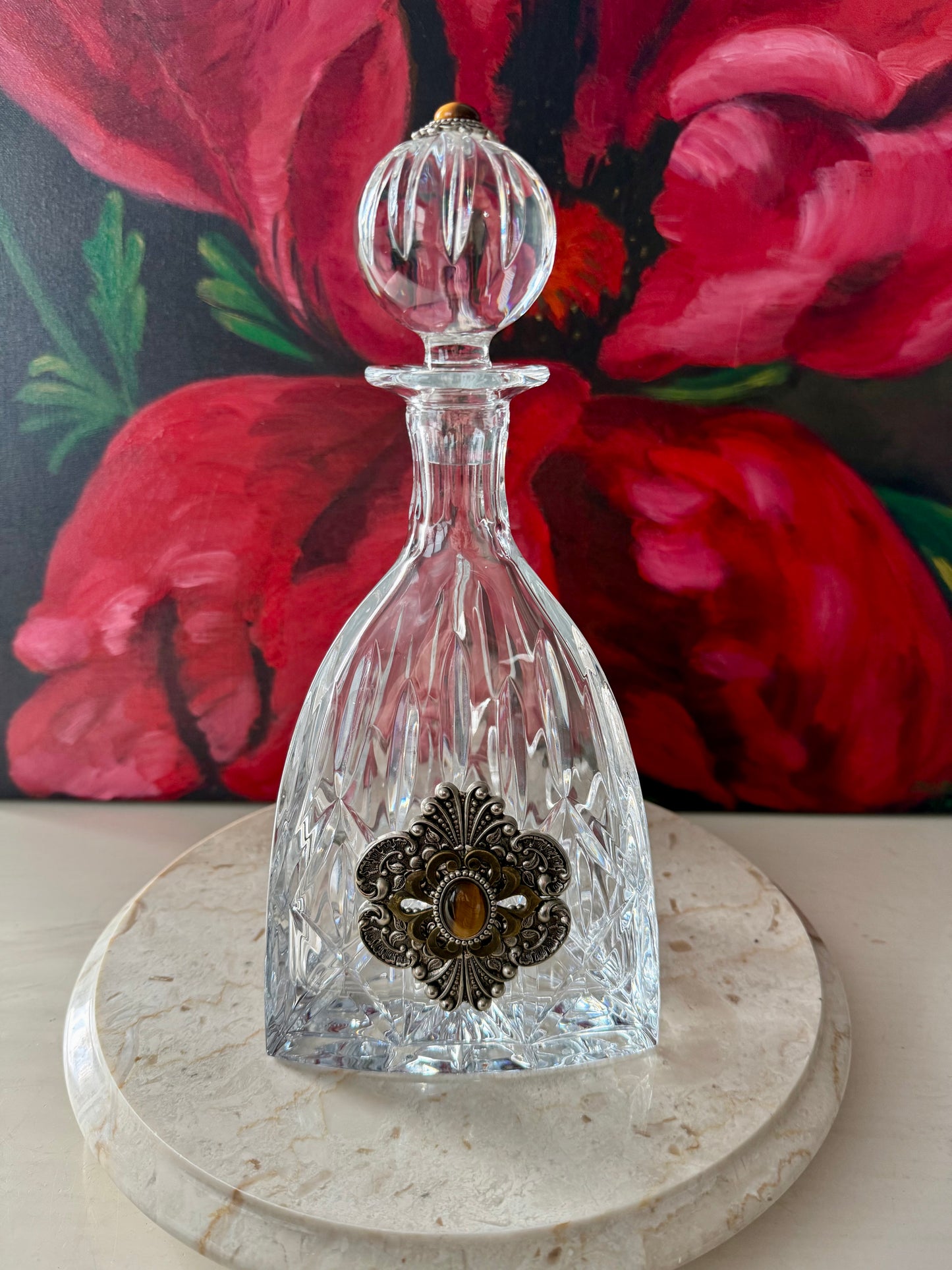 Ann Cichon Dallas Vintage Crystal Decanter with Stopper and Silver Tone Metal Jewels and Stones