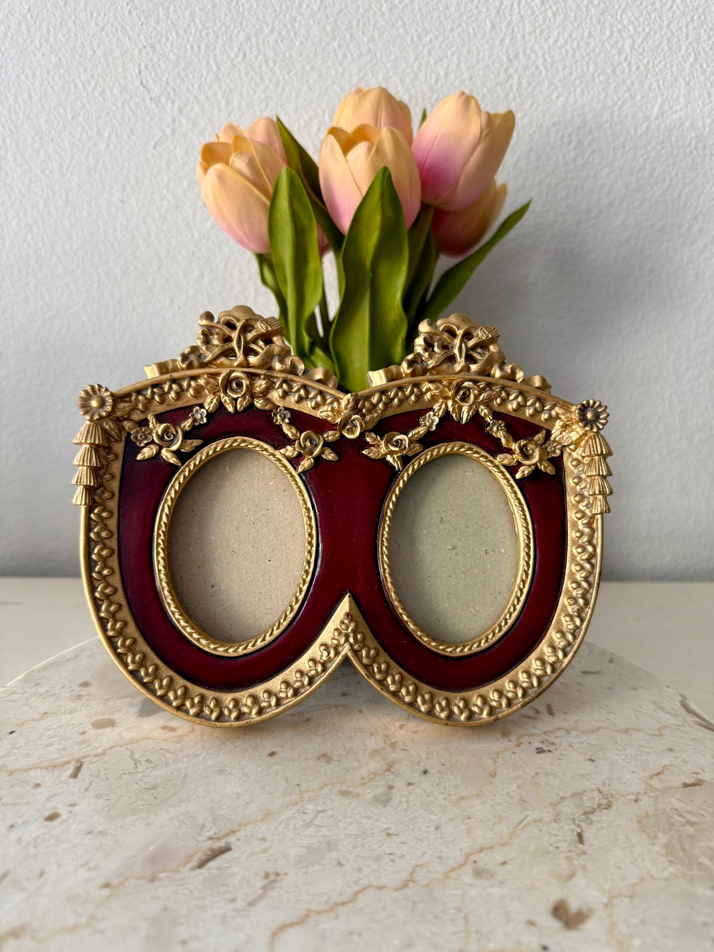French Baroque Style Vintage Gold And Burgundy Oval Double Photo Frame (NOT Brass)