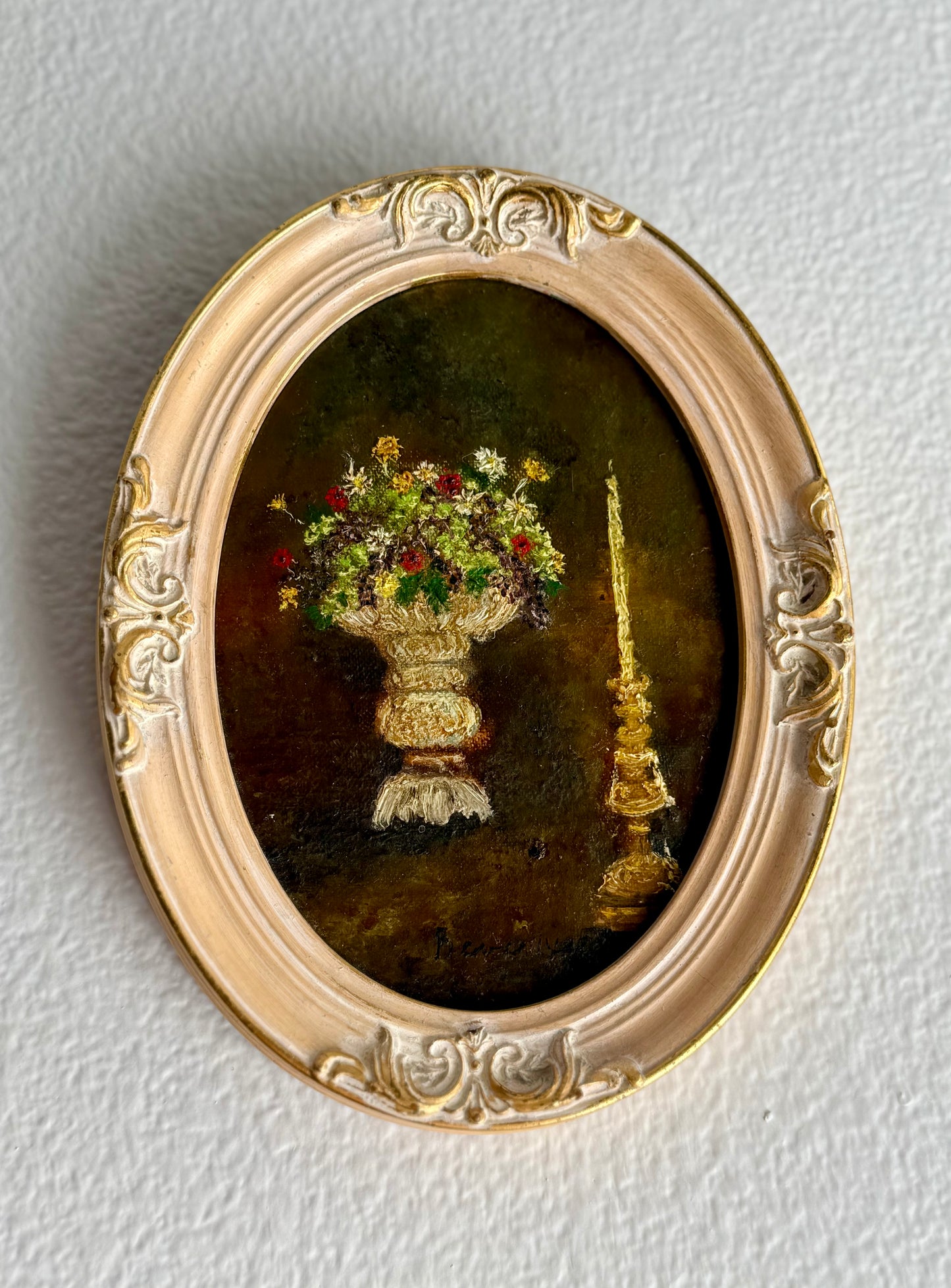 Still Life Signed Vintage Oval Oil Painting with Decorative Wooden Frame