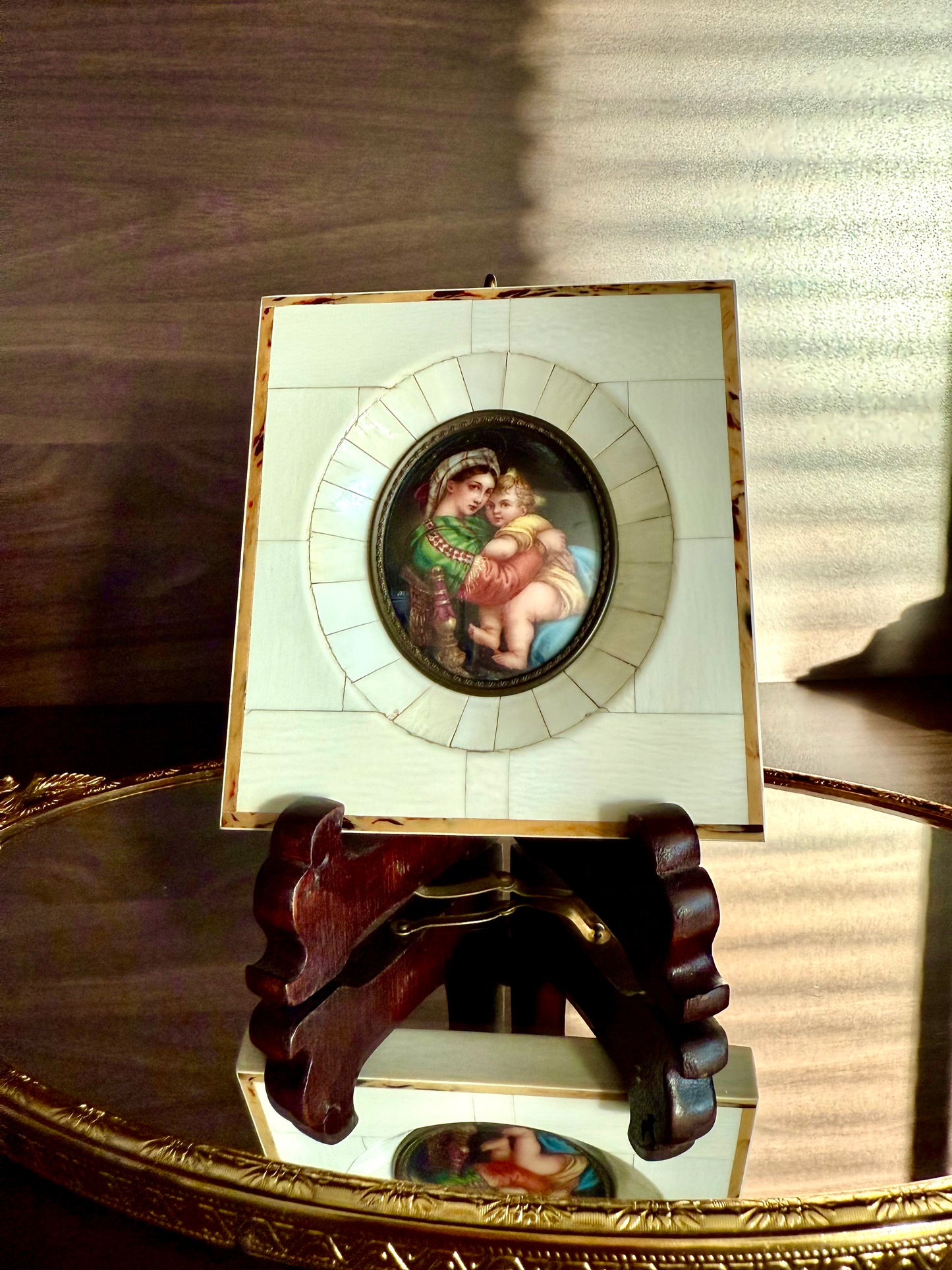 Antique Italian Miniature Porcelain Plaque Hand-painted Madonna and Child in Bone Frame