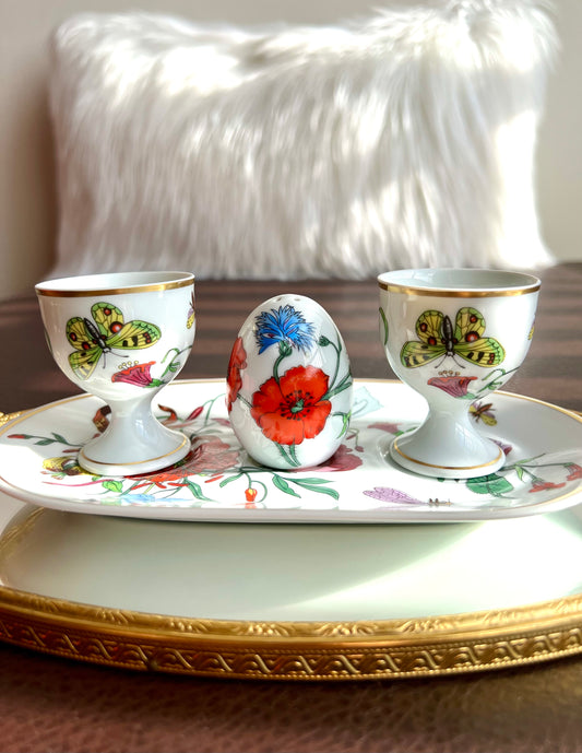 1980s Gucci Bernardaud Limoges Floral & Butterfly Print Porcelain Egg Cup and Salt Shaker Set, Made in France