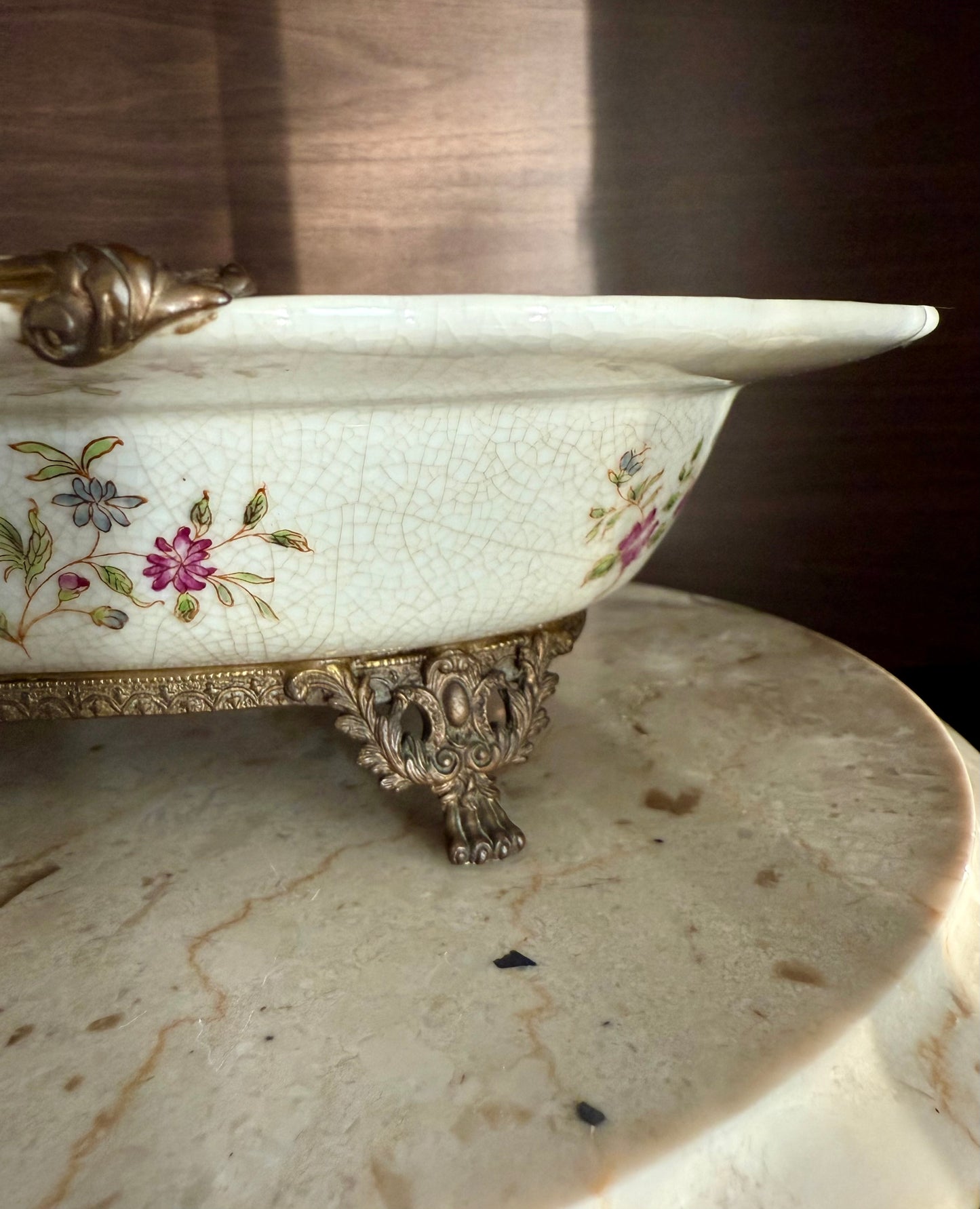 Porcelain Oval Crackle Glazed Vintage Basket Serving Dish with Decorative Bronze Handle, Floral Design and four Legs