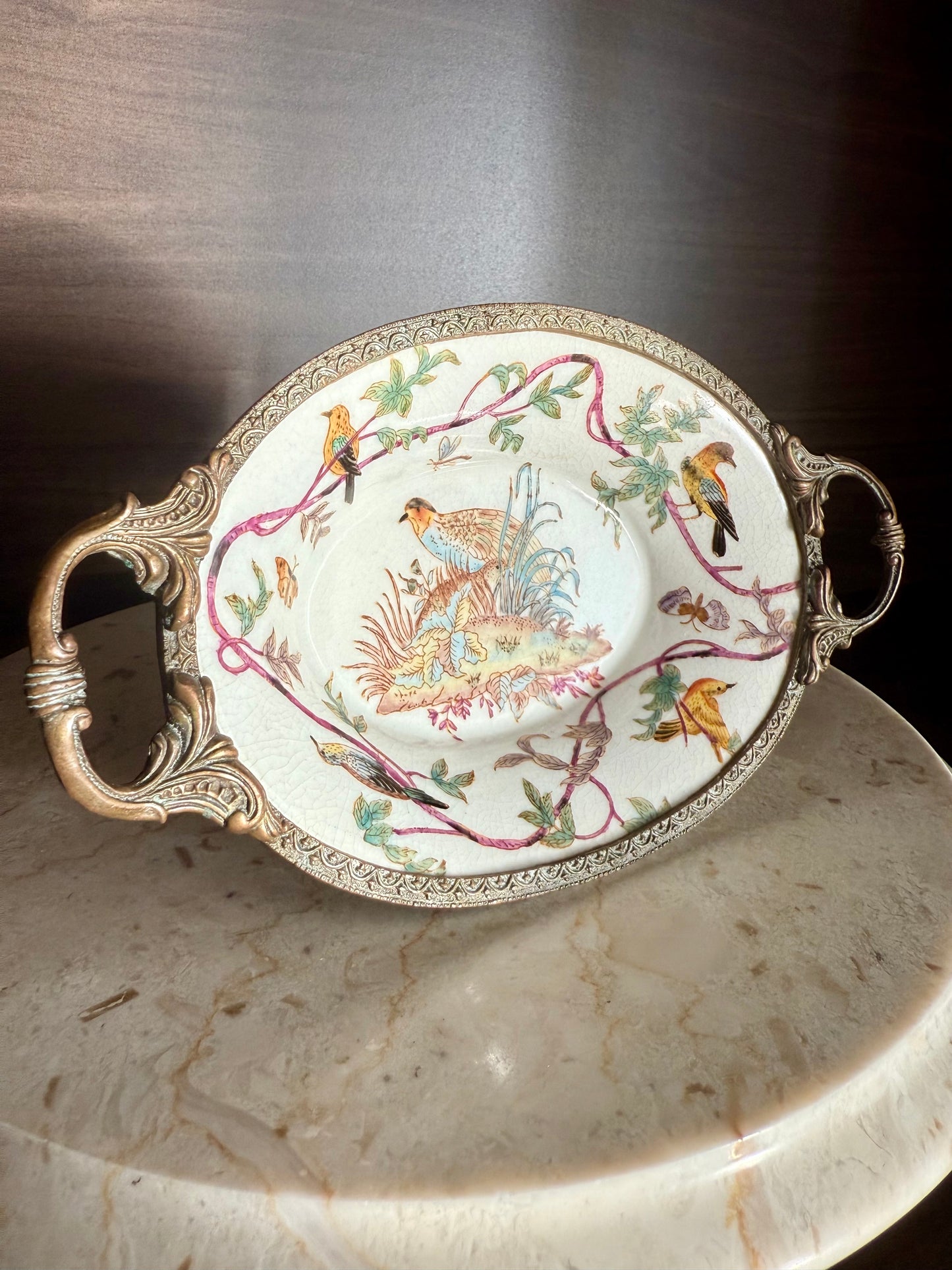 Beautiful Vintage Oval Soap Dish with Brass Feet and Handles with Floral and Bird Motif