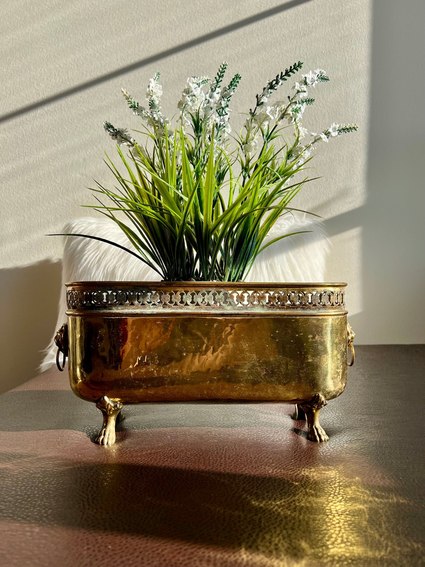 Antique/ Vintage Brass Planter Jardinière Ornate with Four Lion Paws Footed and Two Lion Heads with Rings