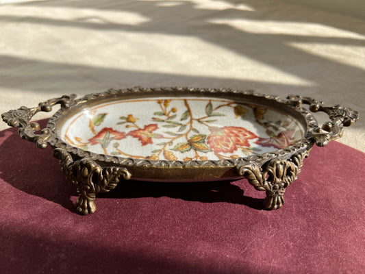 Chinese Vintage Brass and Porcelain Footed Floral Soap Dish Or Trinket Dish