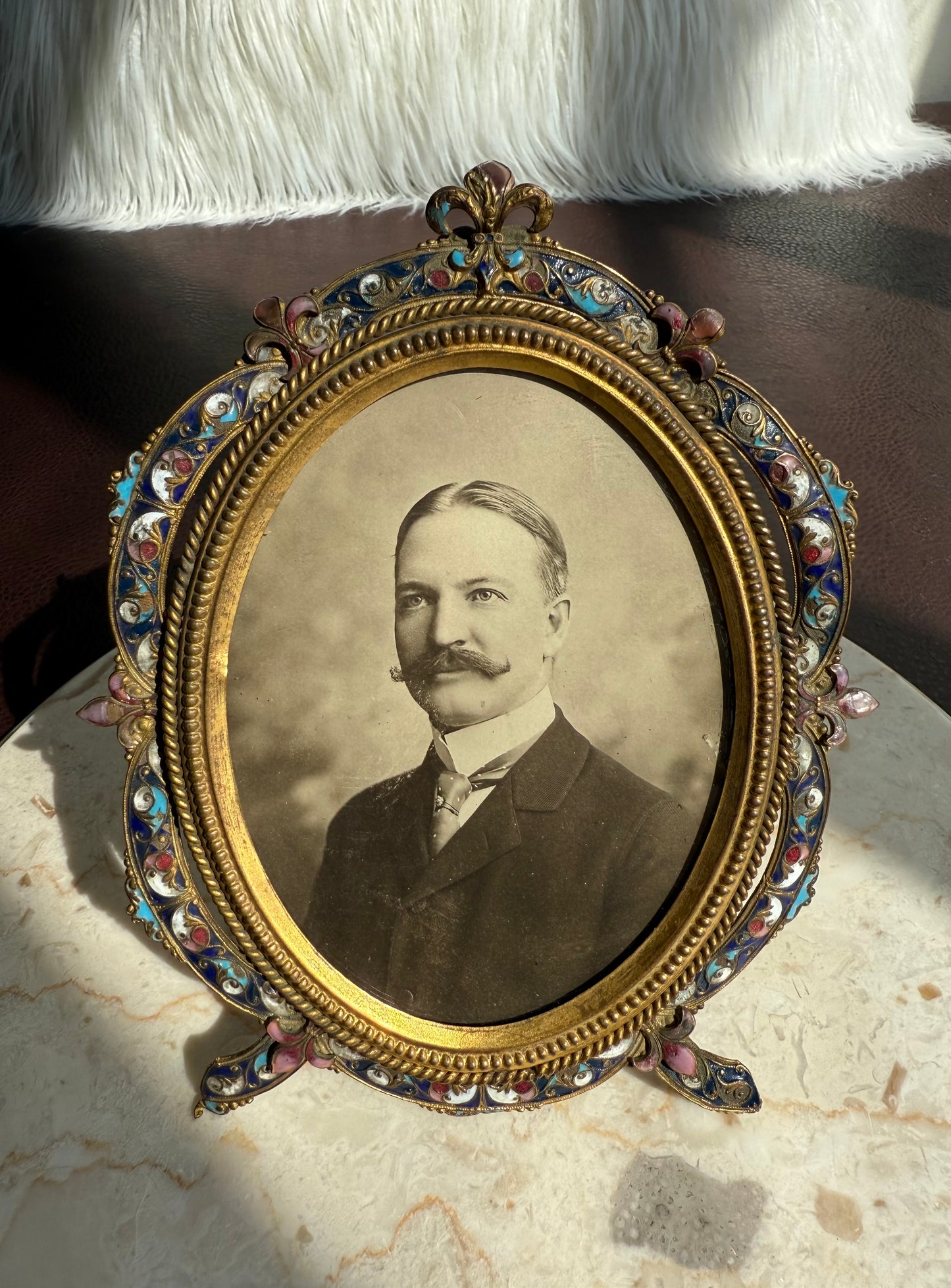 Antique French Style Colorful Enamel Bronze Photo Frame with Black and White Picture of a Gentleman from 19th Century