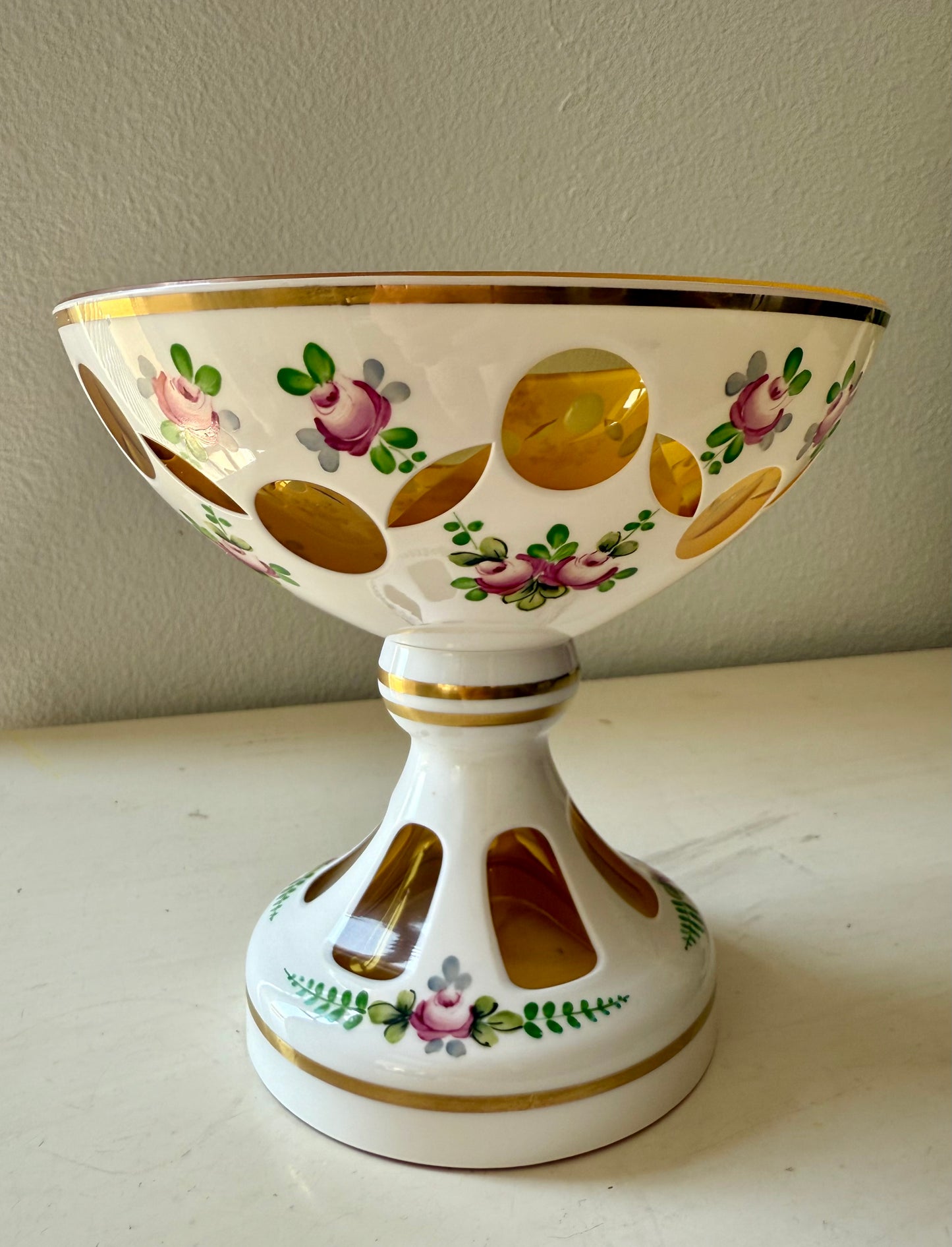 Bohemian Vintage Moser Style Czech Republic Cut Glass Bowl and Floral Painted Candy or Fruit Dish