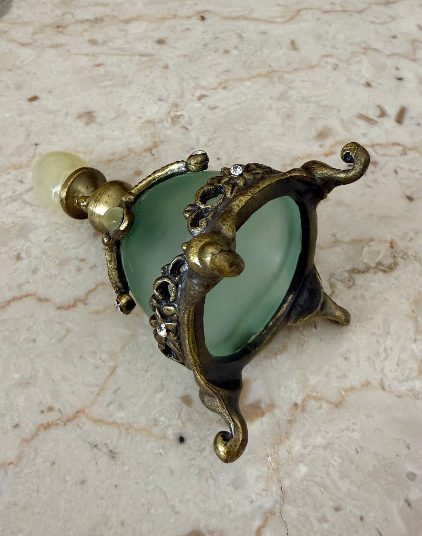Vintage Frosted Green Glass Perfume Bottle Decorated with Rhinestones and Gemstones - Empty