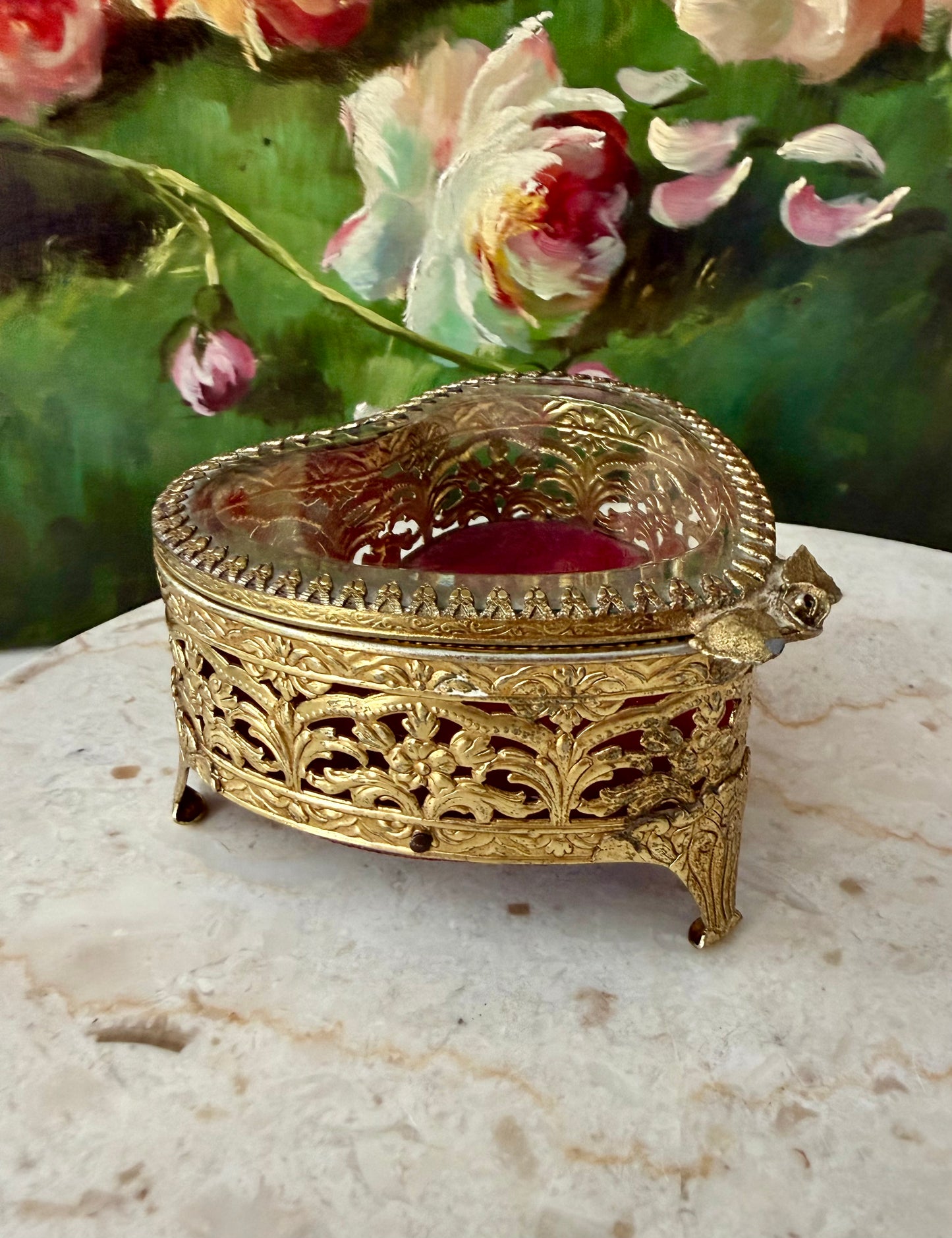 Antique French Style Gold-plated Ormolu Filigree Heart-shaped Trinket or Jewelry Box with a Plush Red Velvet Lining