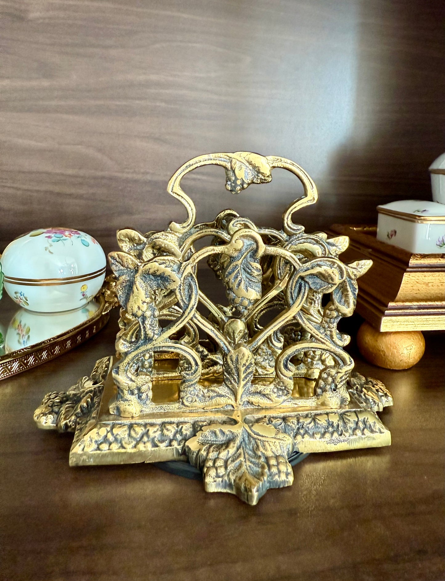 Vintage Brass Letter or Napkin Holder Desk Organizer with Grape Leaf Decoration, Made in England