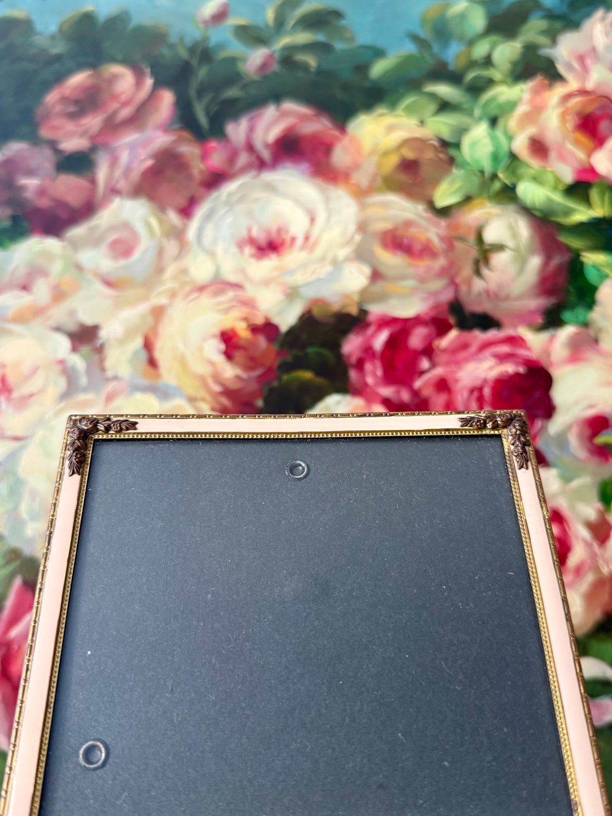 Elegant Gold-tone Classic Leaf and Floral Motif and Pastel Pink Enamel Style Vintage Photo or Picture Frame