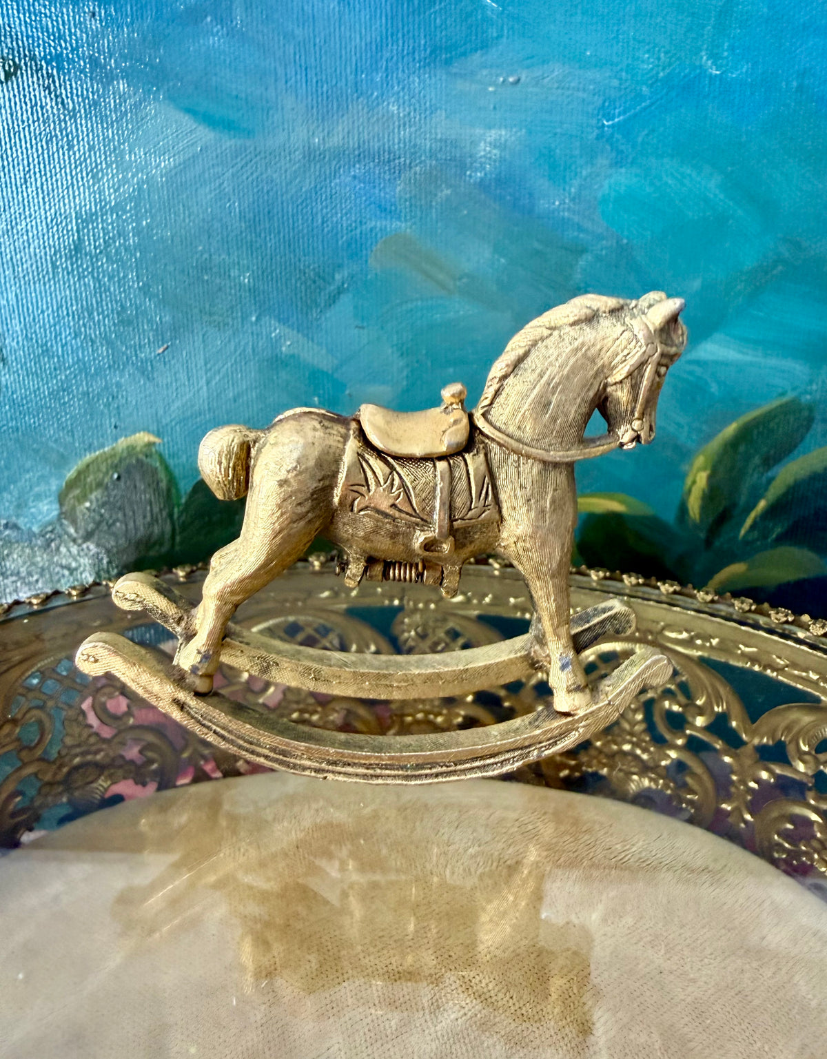 1970s Vintage Max Factor Gold-toned Metal “Rocking Horse” Perfume Compact