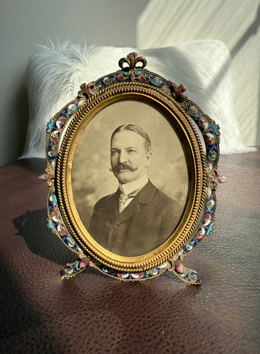 Antique French Style Colorful Enamel Bronze Photo Frame with Black and White Picture of a Gentleman from 19th Century