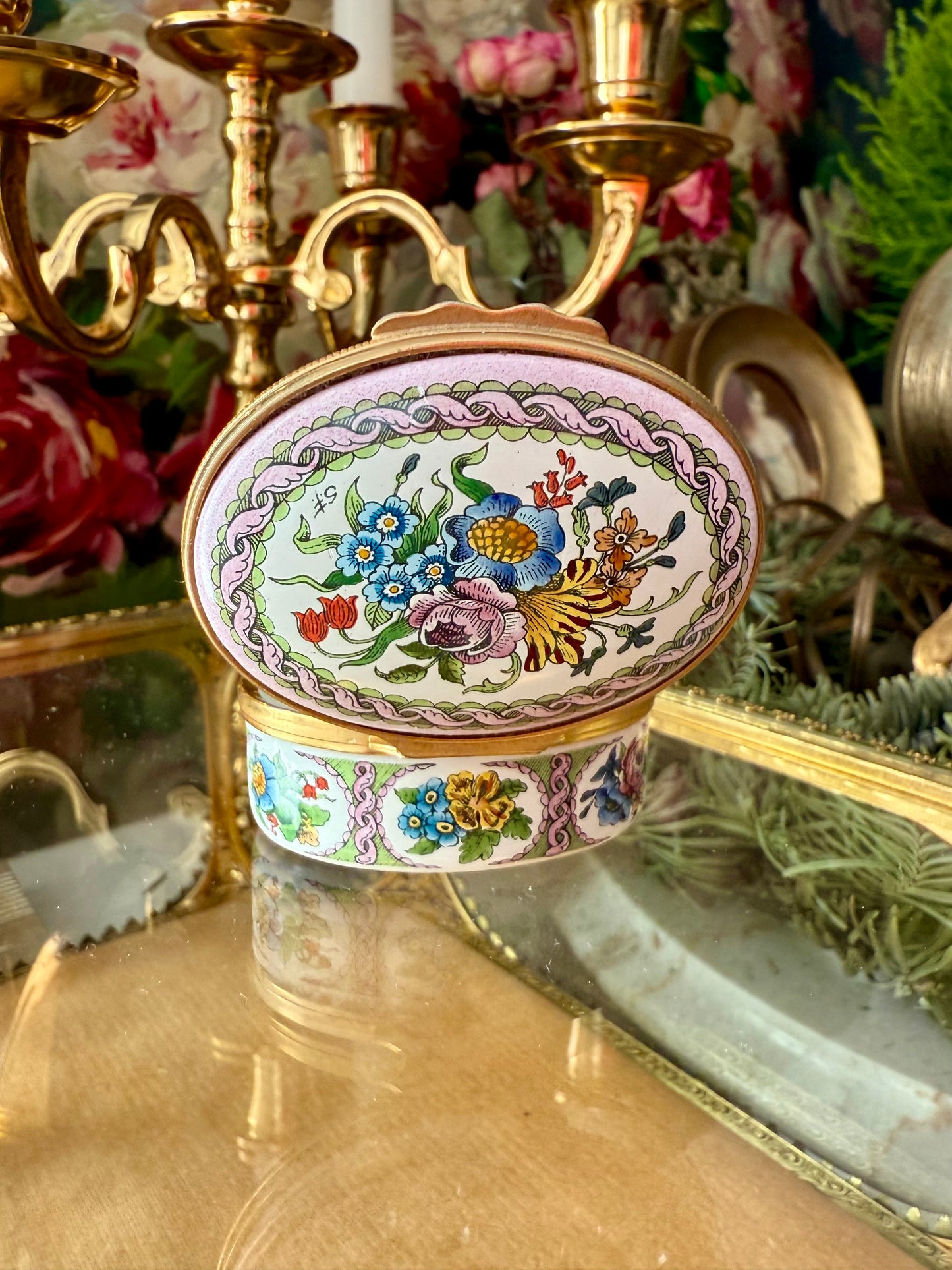 Halcyon Days Vintage Hand-Painted Enamel Floral Jewelry or Trinket Box, Made in England