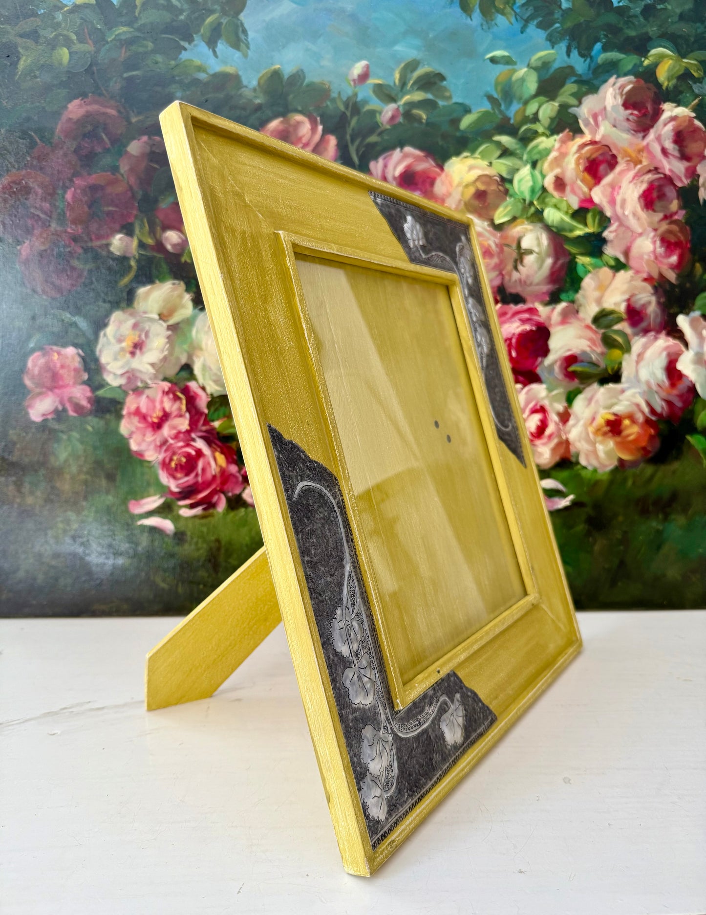Vintage Mustard Yellow Wooden Picture/ Photo Frame with Metal Floral Decoration on the Corners
