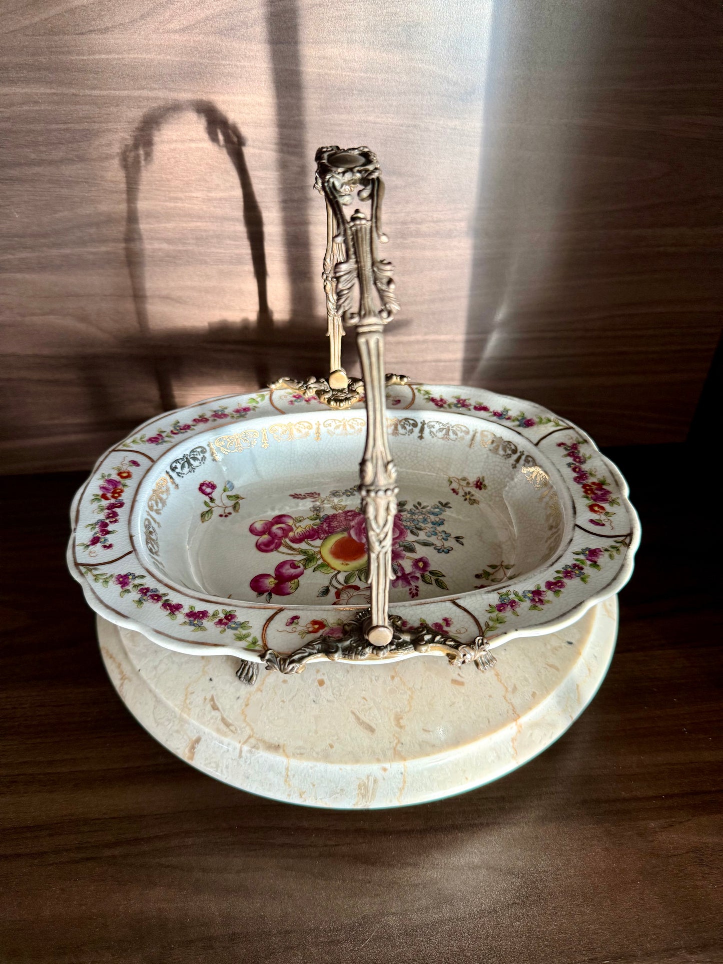Porcelain Oval Crackle Glazed Vintage Basket Serving Dish with Decorative Bronze Handle, Floral Design and four Legs