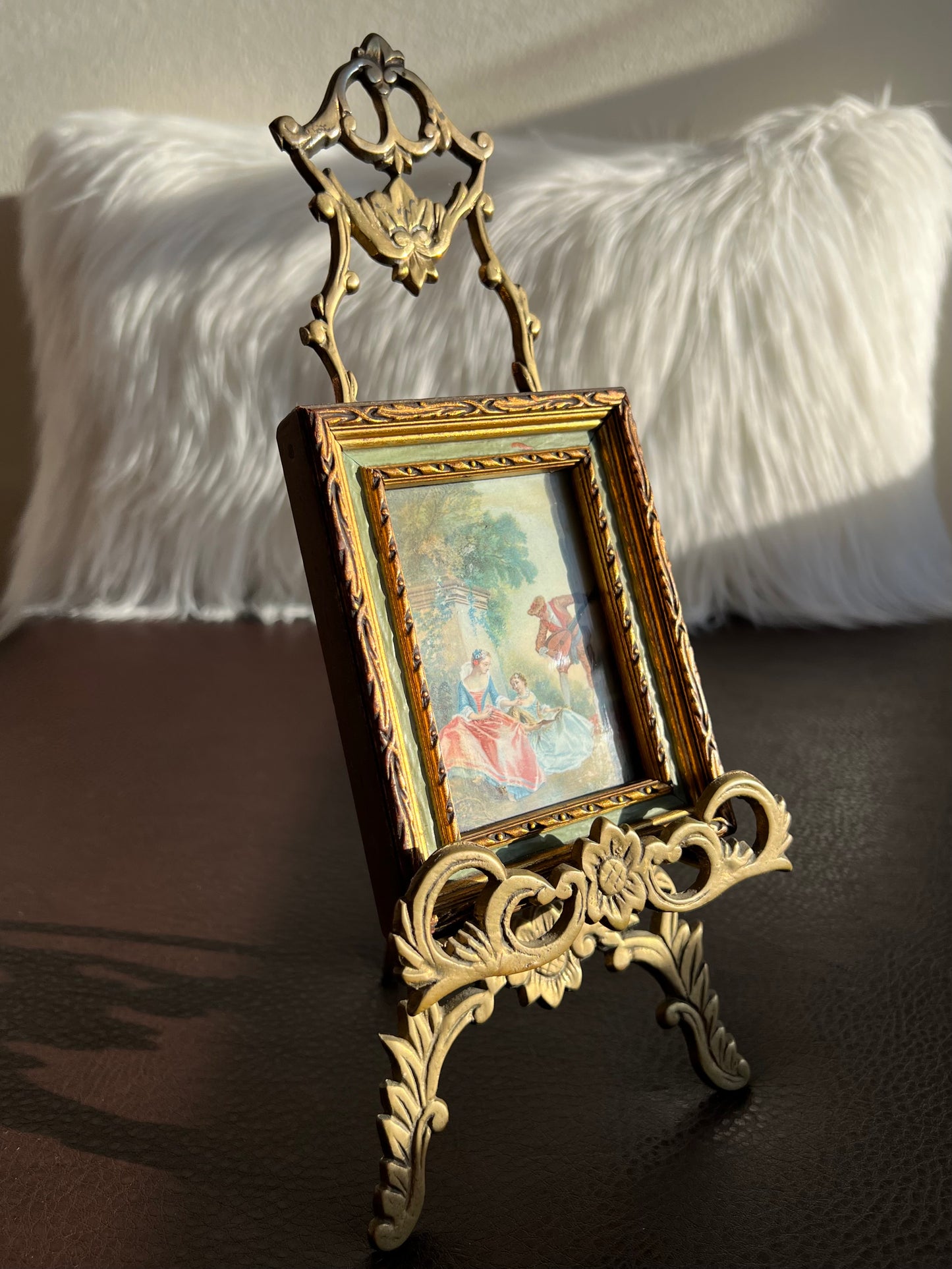 Italian Florentine Style Mini Vintage Print Picture with Gilded Wooden Square Frame