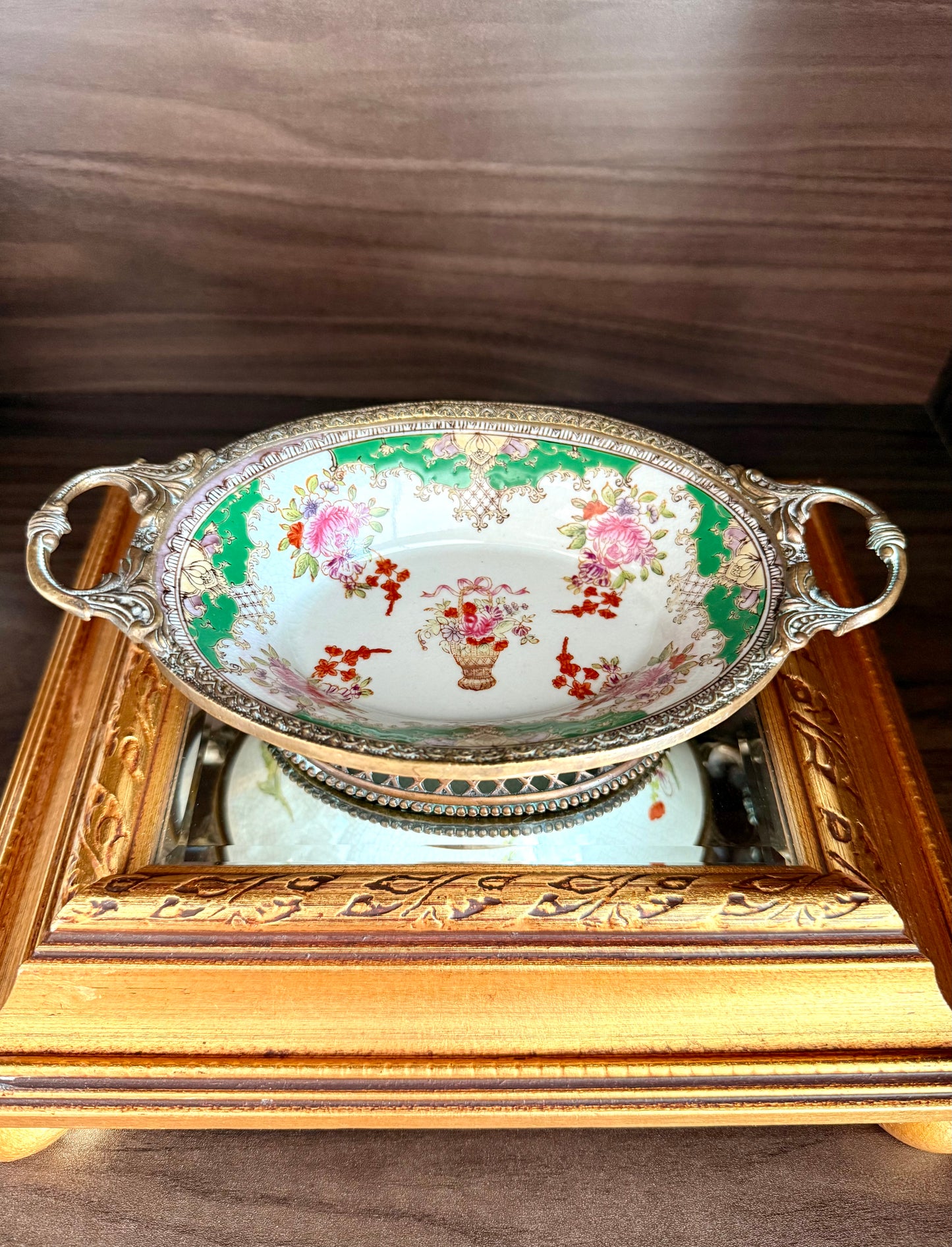 Vintage Floral Roses Motif Porcelain Oval Soap Dish with Brass Feet and Twin Handles