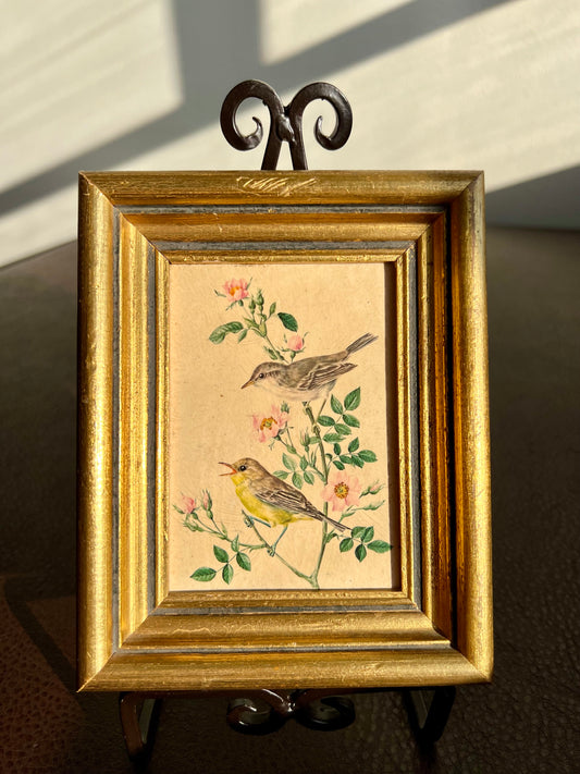 Birds on Branches Vintage Miniature Print Wall Decor Gilded Wooden Framed from Spain