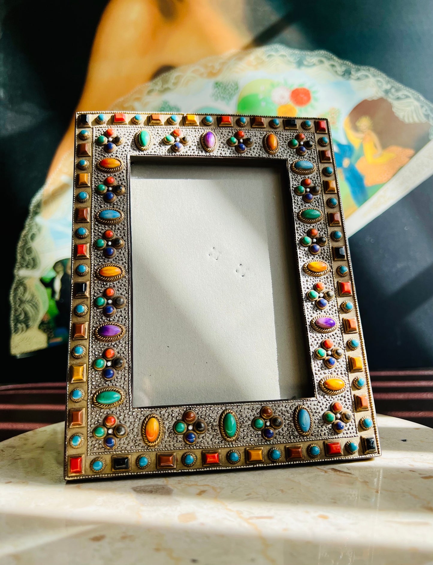 Antique Look Ornate Colorful Semi-Precious Stones in a Vintage Photo Frame from the 80, or 90s