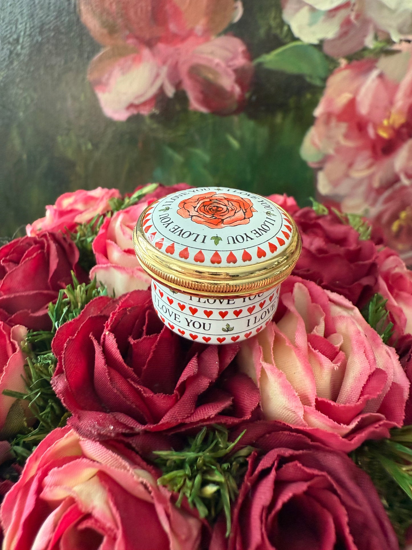 Halcyon Days Mini Enamels “I Love You” Rose Flower Hearts Leaves Trinket or Jewelry/ Pill box