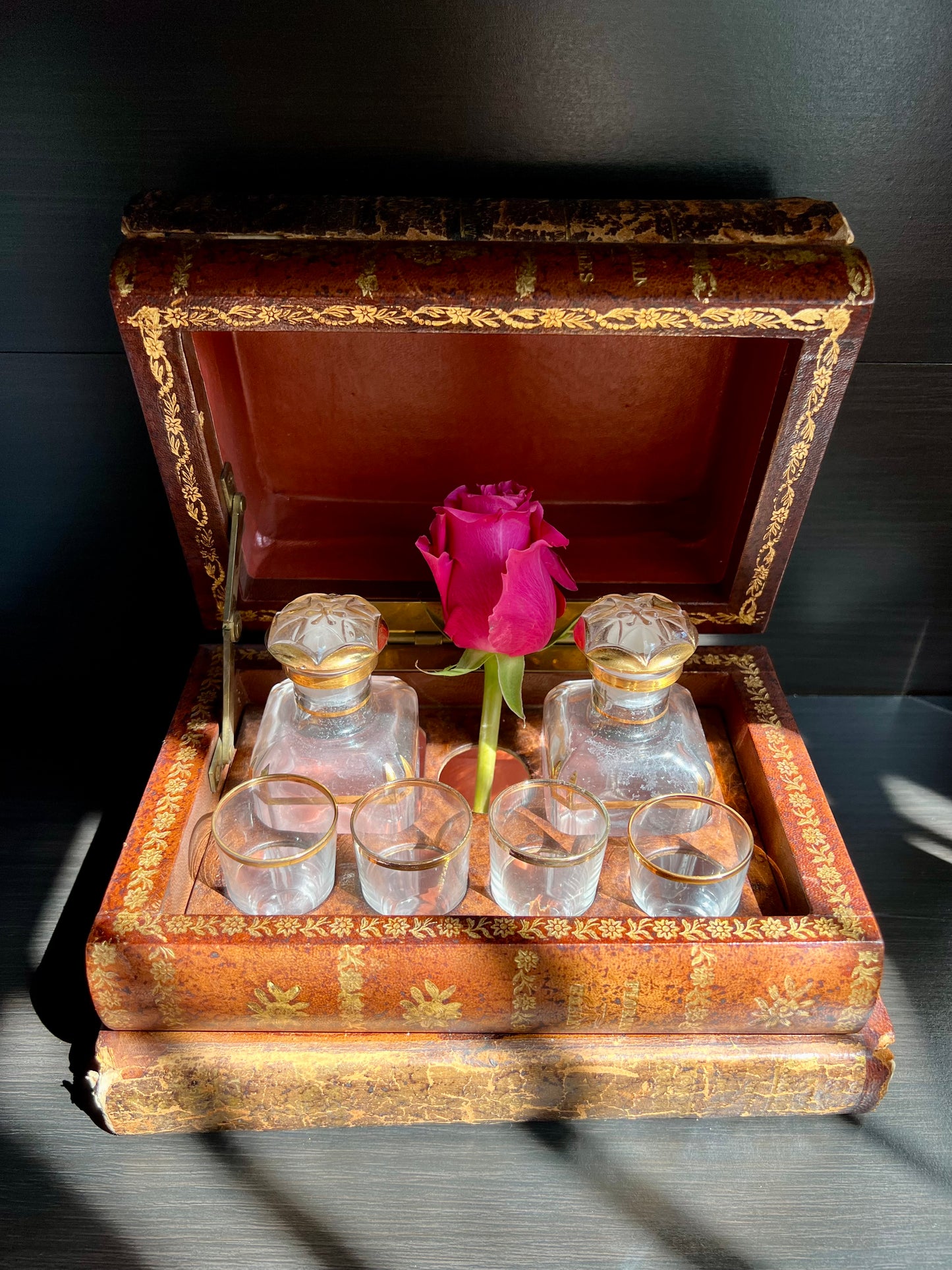 Antique Early 20th Century French Leather Book Tantalus Box with 4 Shot Glasses and 2 Decanters