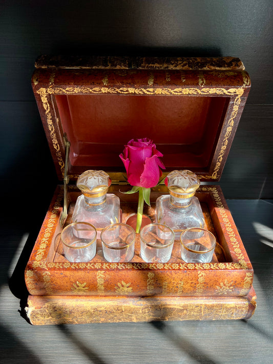 Antique Early 20th Century French Leather Book Tantalus Box with 4 Shot Glasses and 2 Decanters