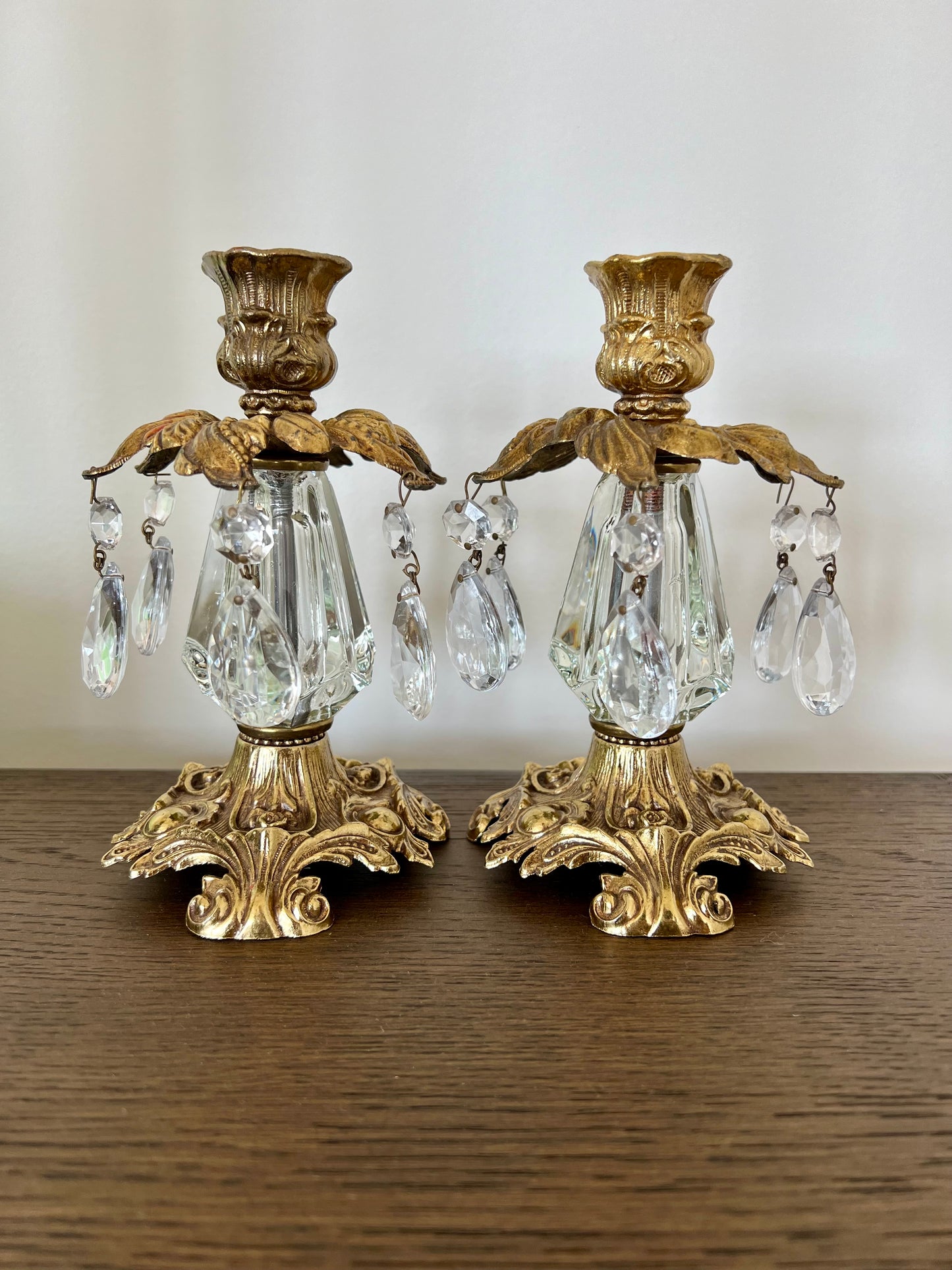 Hollywood Regency Mid Century Vintage Gold Brass Candle Holders with Hanging Crystal Prisms - a Pair (2)