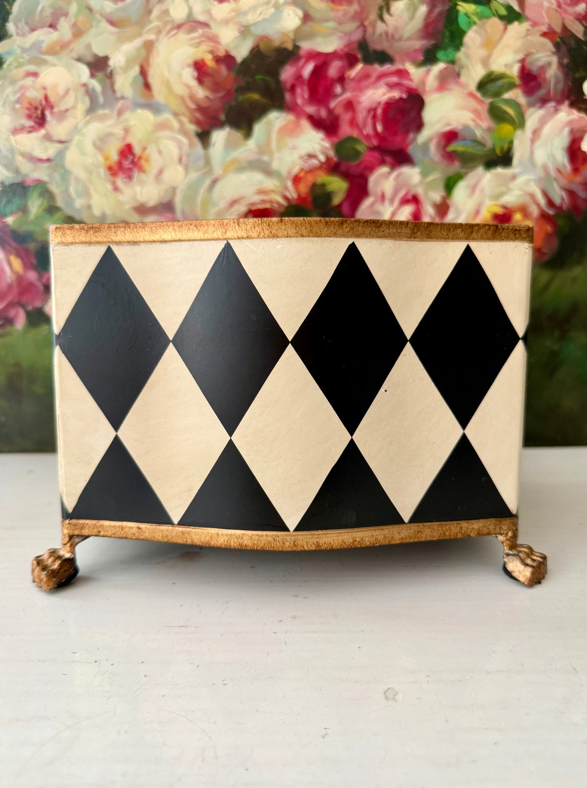 Vintage Hand-painted Metal Flower Pot/Planter with a Harlequin Pattern and Claw Feet