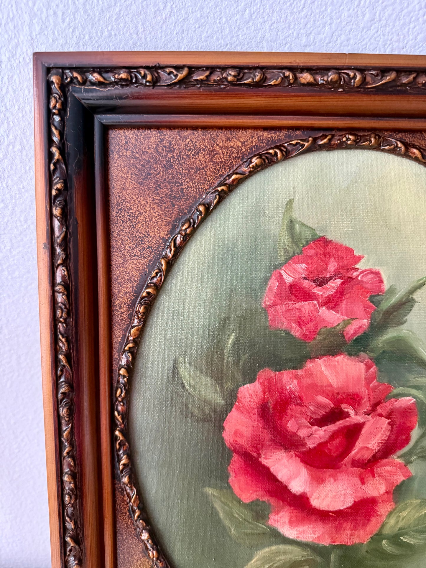 Vintage Oil Painting Red Roses on Canvas in Wooden Frame Signed by the Artist