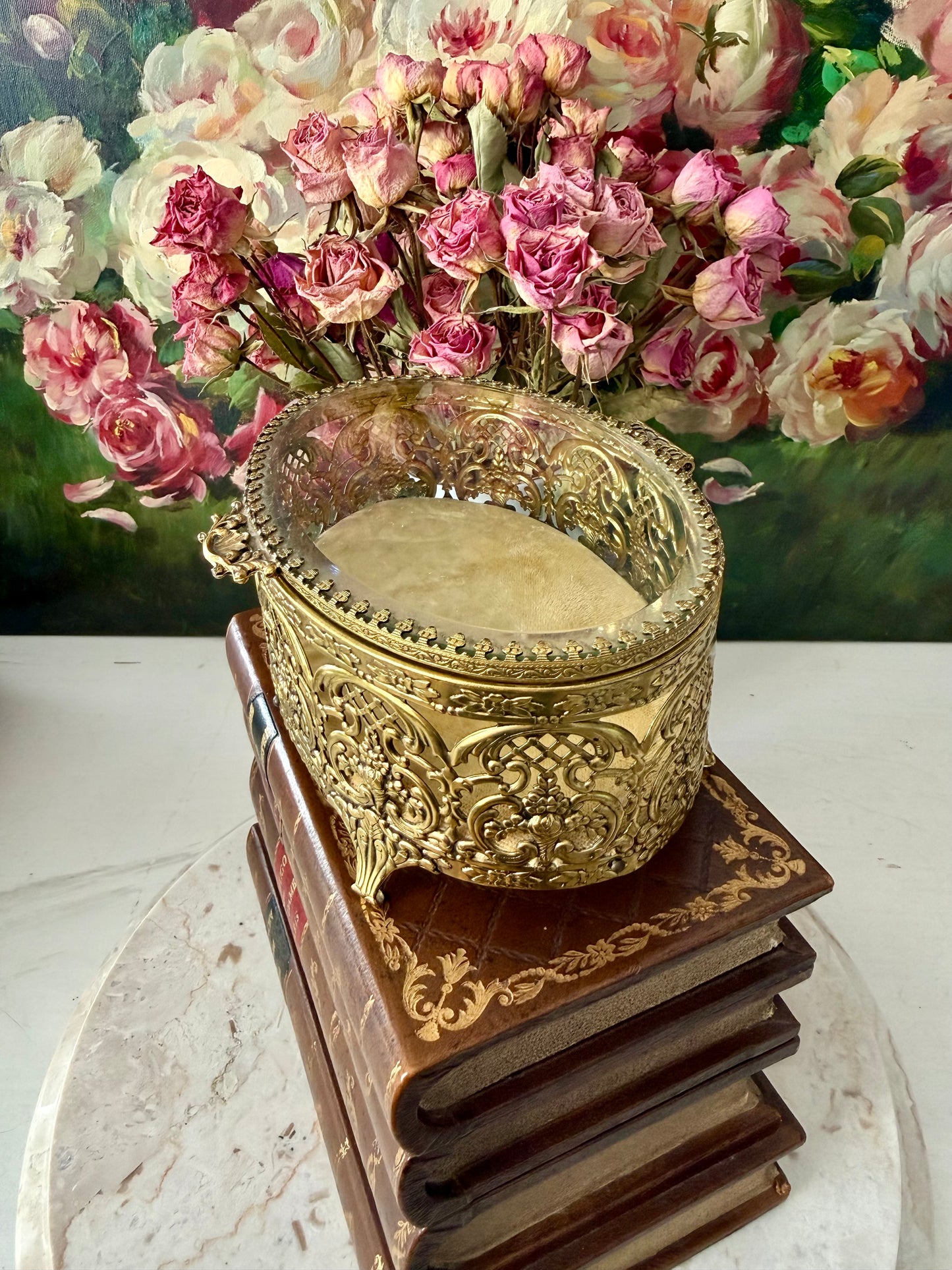 Matson Style Vintage Gold-plated and Glass Hollywood Regency Oval Ormolu Brass Jewelry/ Trinket Box