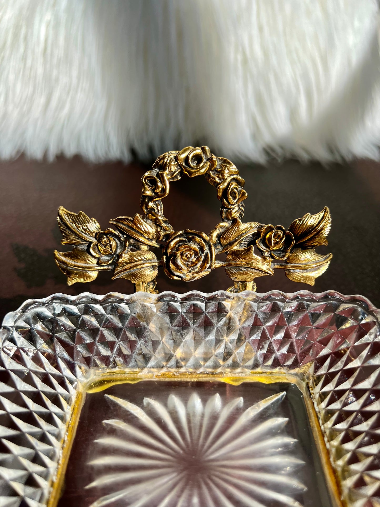 Hollywood Regency Gold Roses Designed with Cut Glass Soap Dish