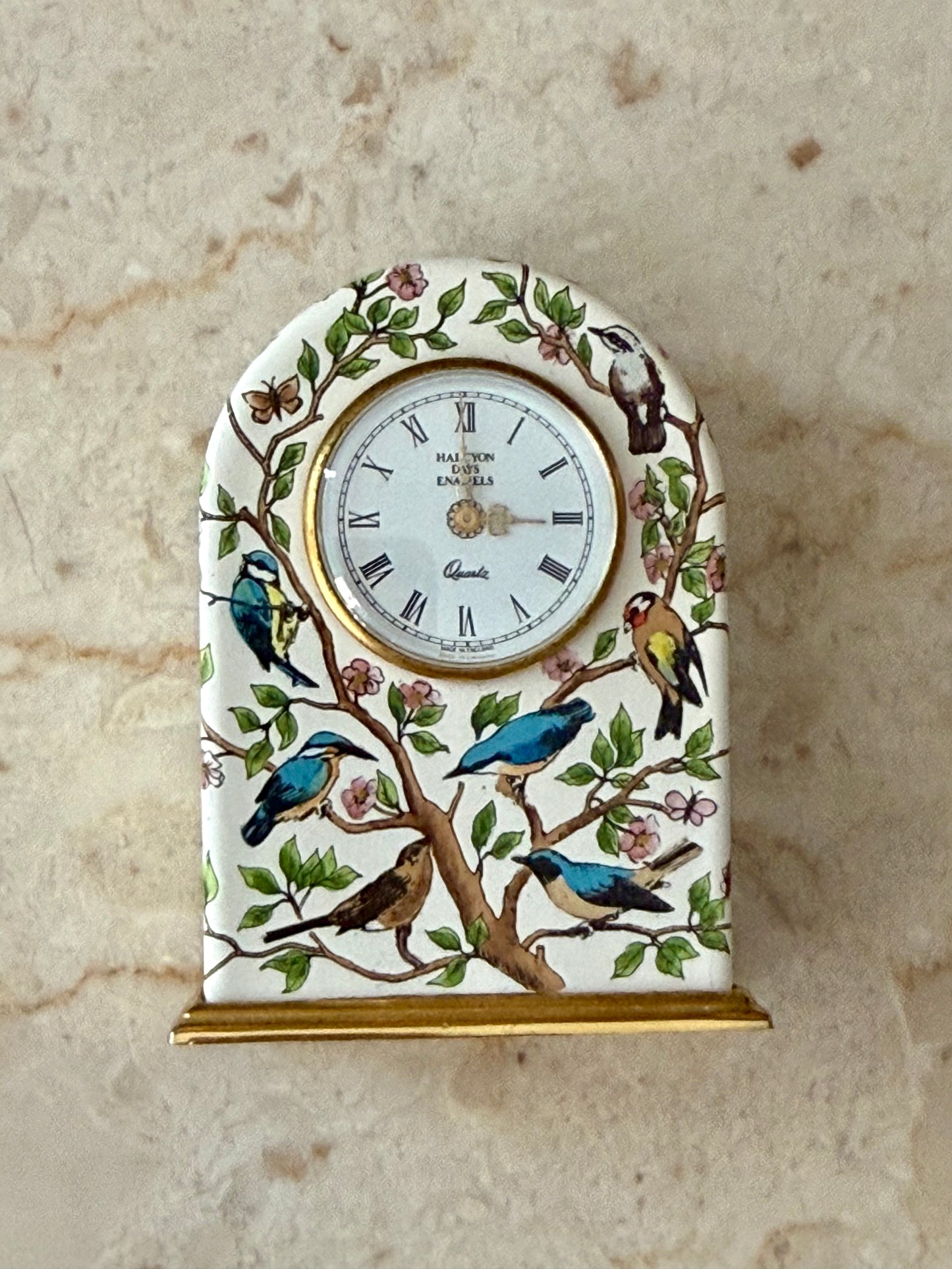 Halcyon Days Vintage Enamel Table Clock with Hand-painted Birds and Flowers Design