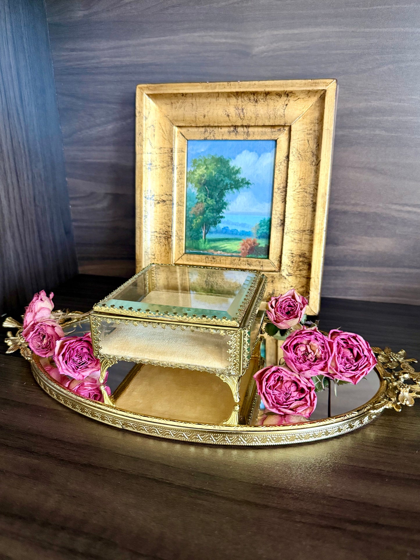 French Style Beveled Glass Vintage Brass Footed Jewelry Casket or Trinket Box from the 1950s