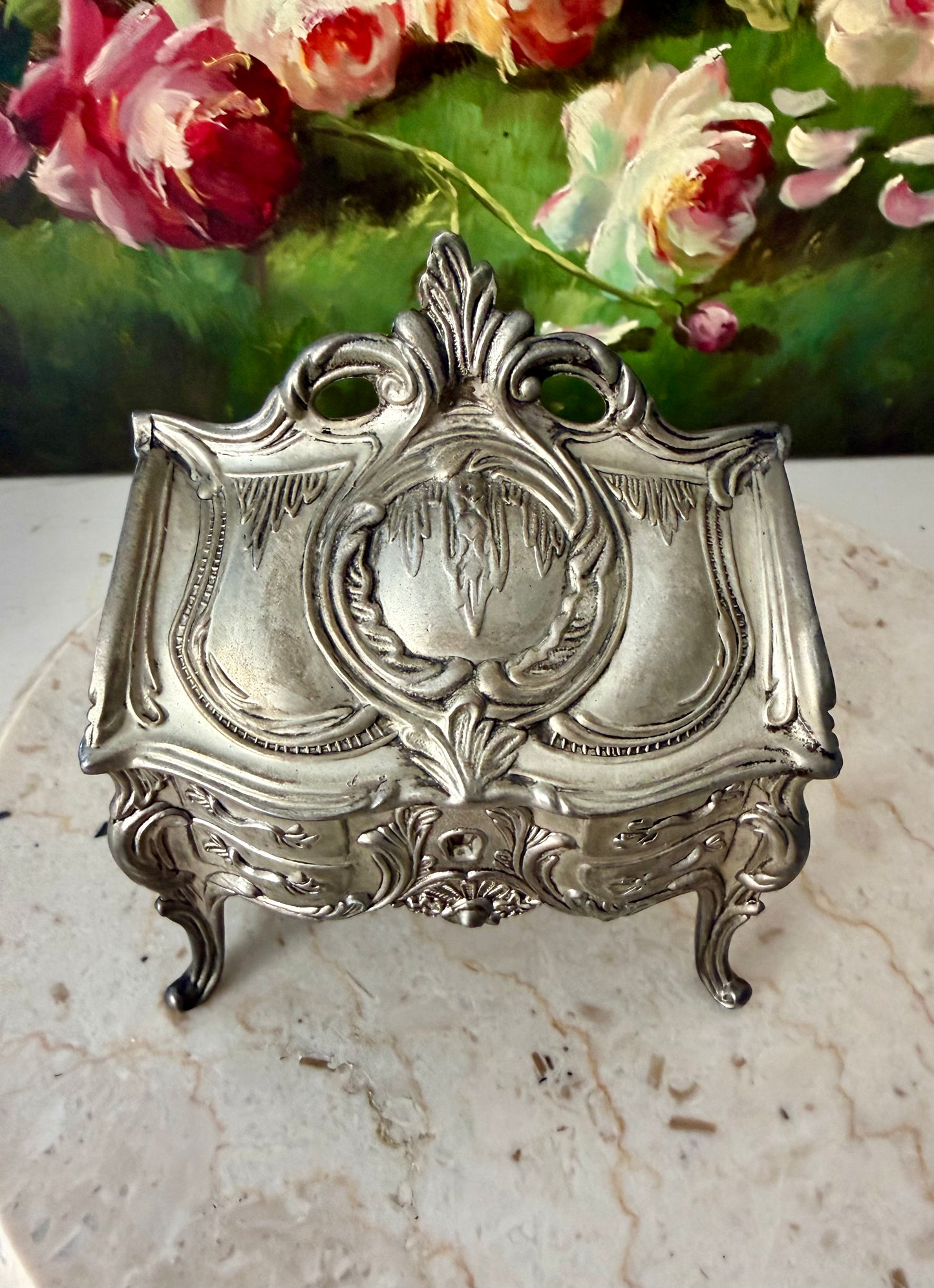 Antique Art Nouveau French Style Silver Plated Jewelry Casket Velvet Lined Romantic Trinket Box