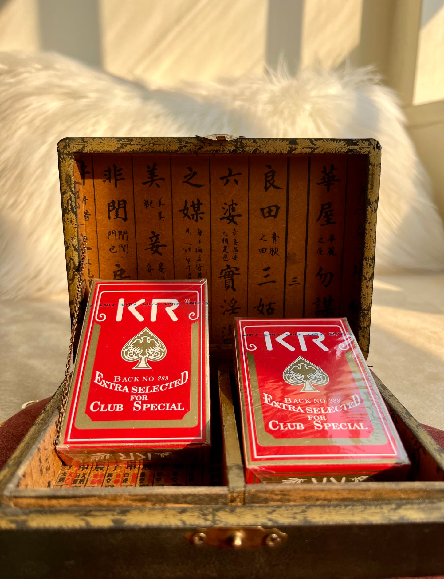 Chinese Wooden/Leather Vintage Box with 2 Pc unopened KR Poker Cards Set